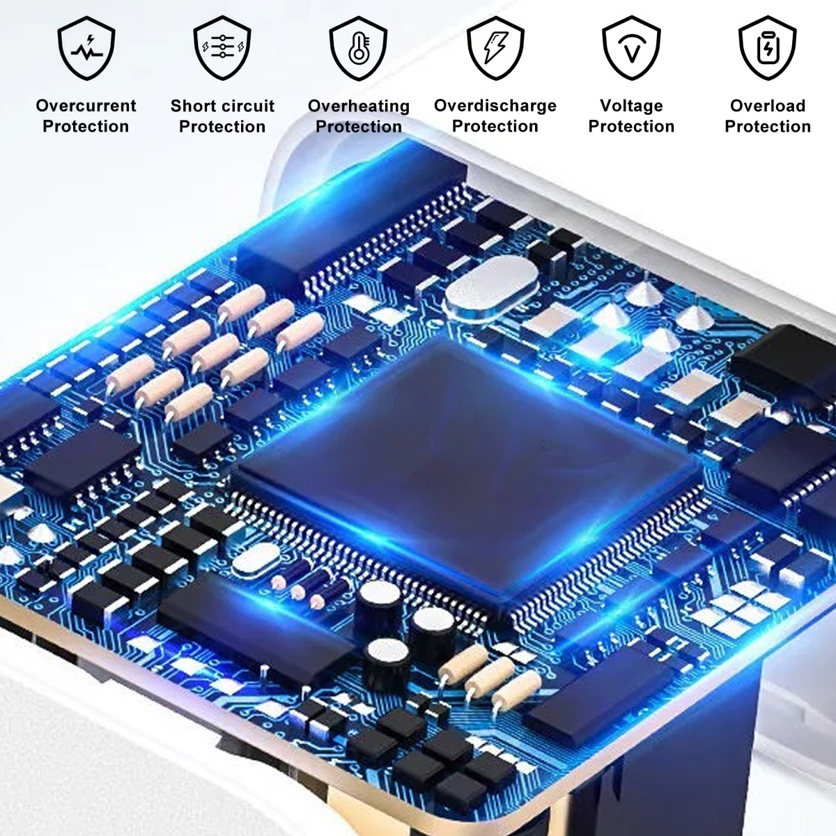 Blaue Leiterplatte mit Mikrochips und elektrischen Schutzelementen sowie sechs Funktionssymbolen oben.