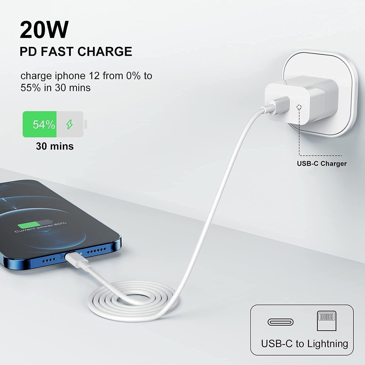 Ein weißes USB-C-Ladegerät mit Kabel lädt ein Smartphone auf einer Oberfläche auf.
