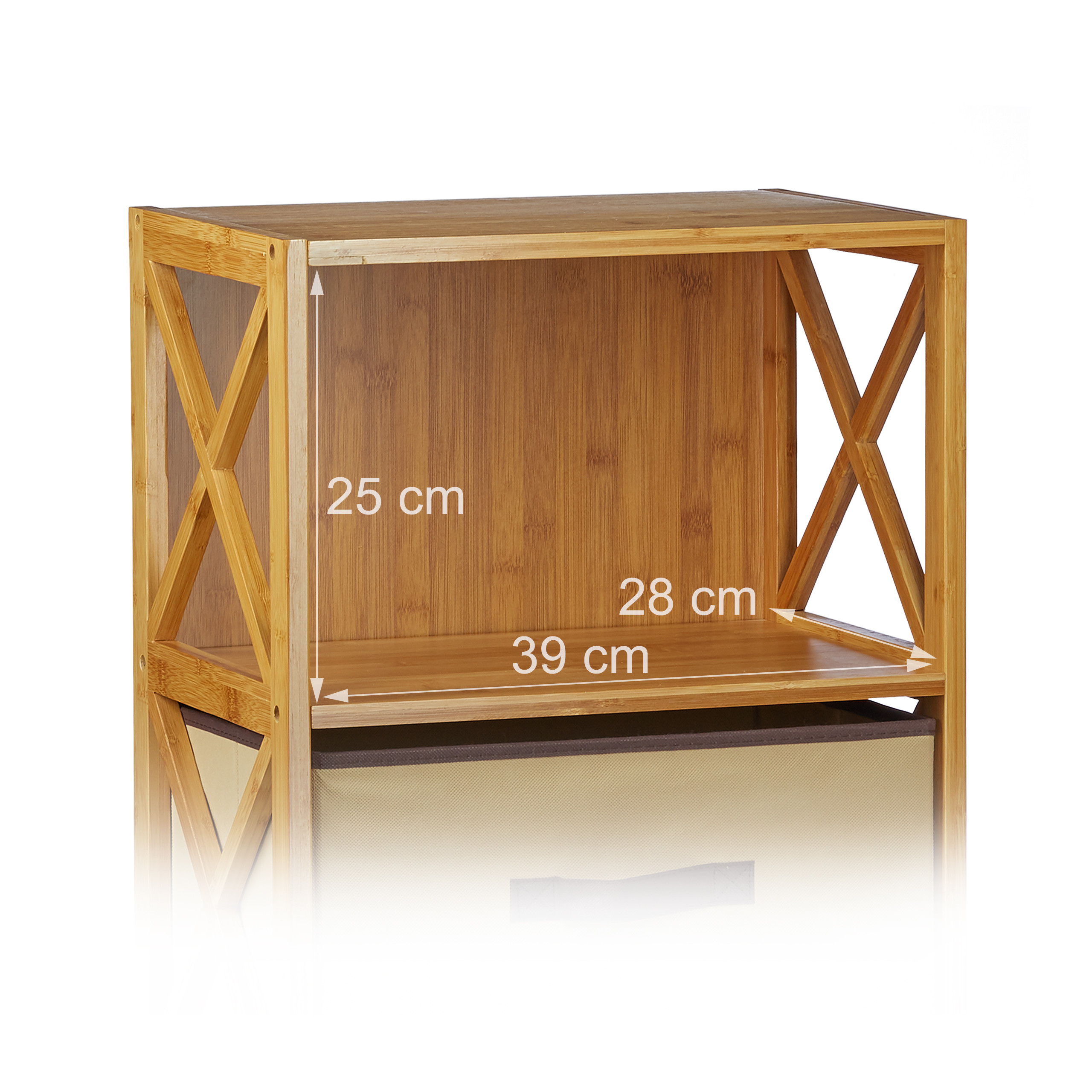 Bambusregal mit den Maßen 25 cm Höhe, 28 cm Tiefe und 39 cm Breite und einer Stoffbox.