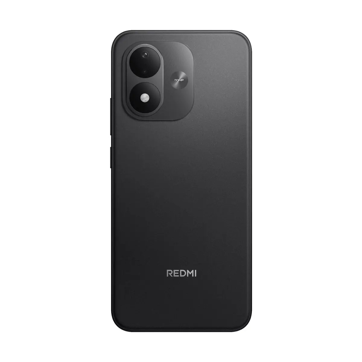 Retro di uno smartphone Redmi nero con due fotocamere verticali in alto a sinistra e il logo Redmi in basso.