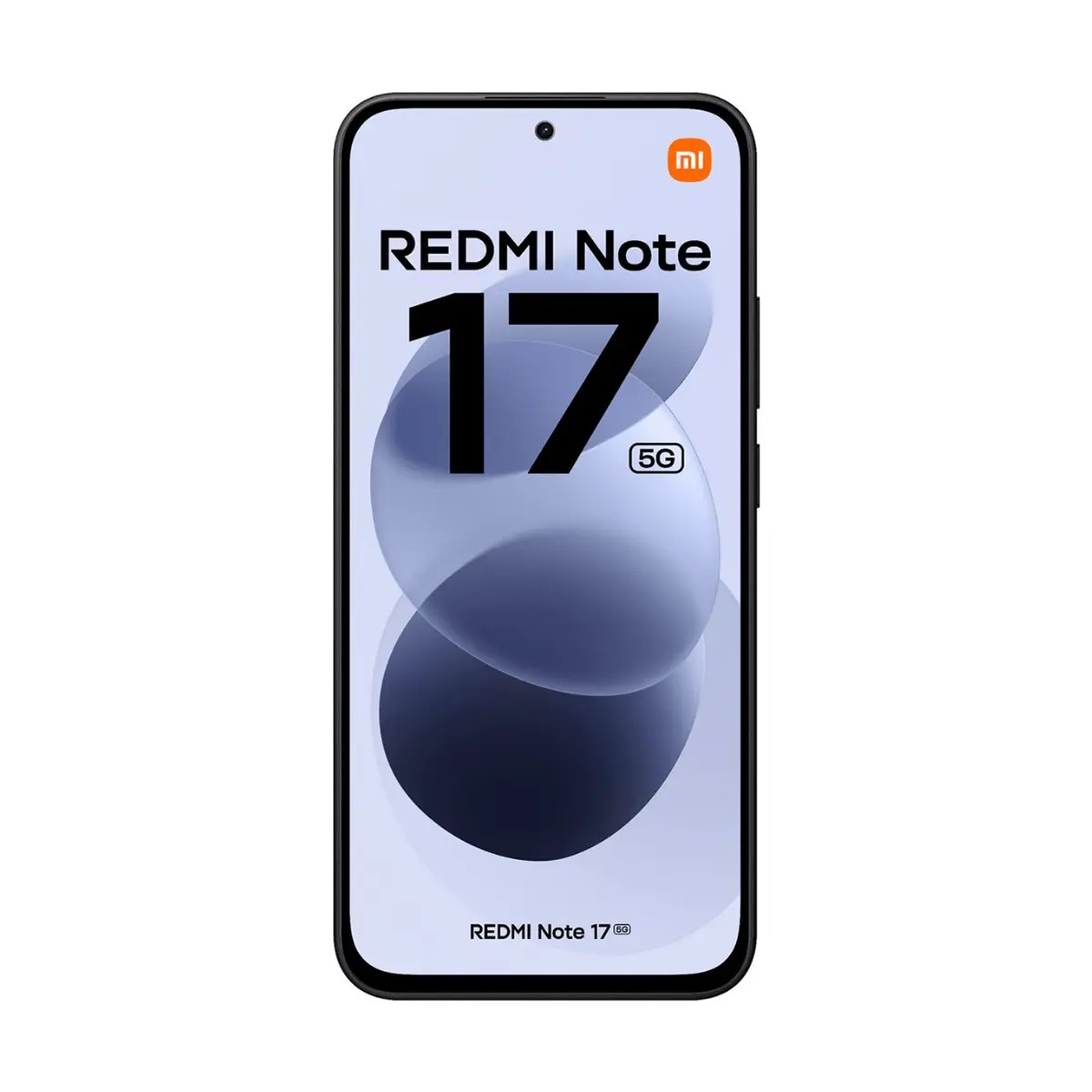 Uno smartphone nero che mostra il testo REDMI Note 17 5G e uno sfondo blu astratto.