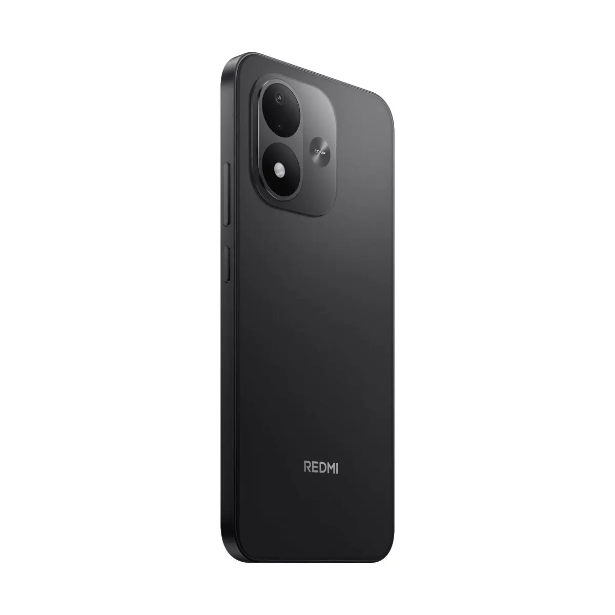 Uno smartphone Redmi nero leggermente inclinato, con il modulo a doppia fotocamera e il logo sul retro.