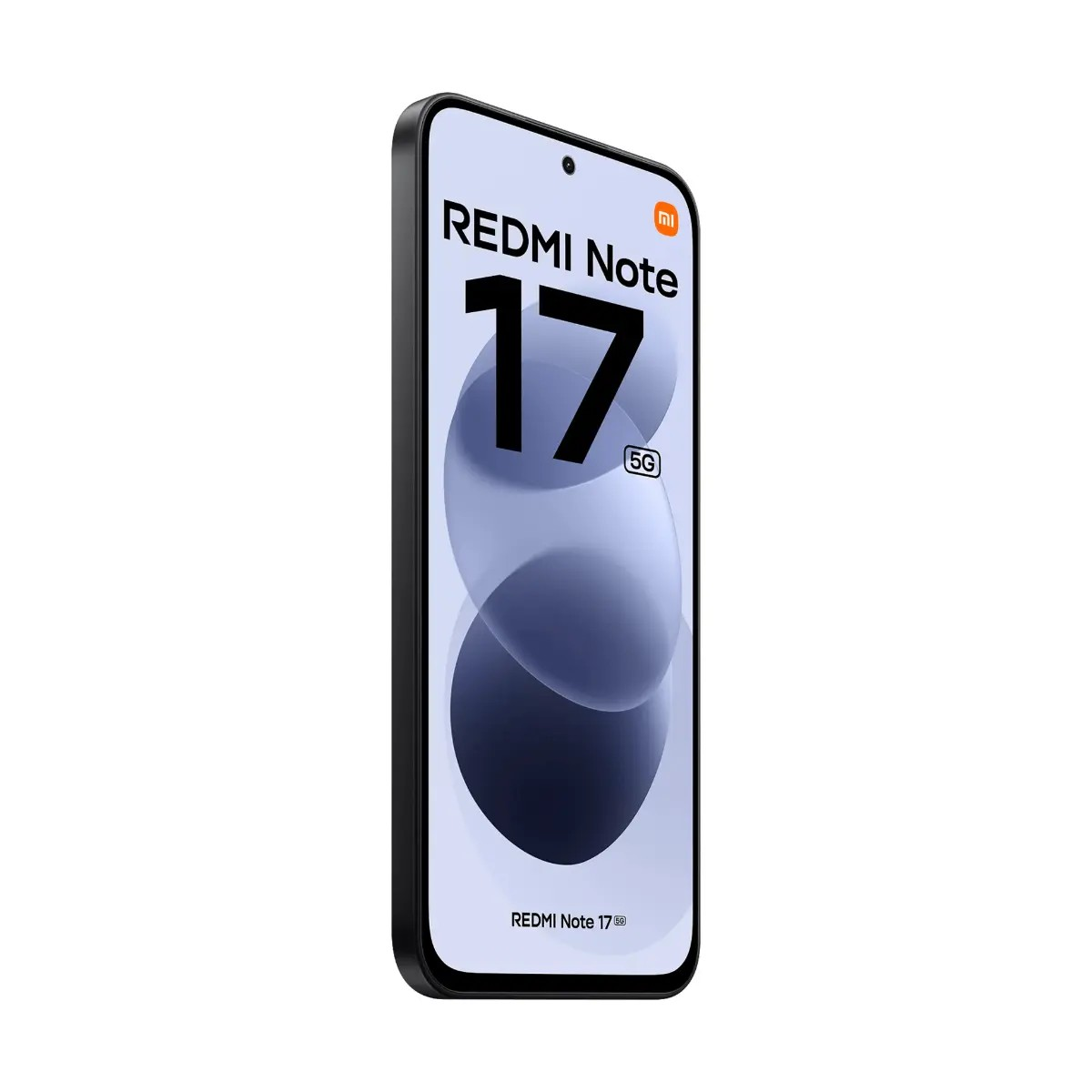 Smartphone nero Redmi Note 17 5G in vista verticale su sfondo bianco.