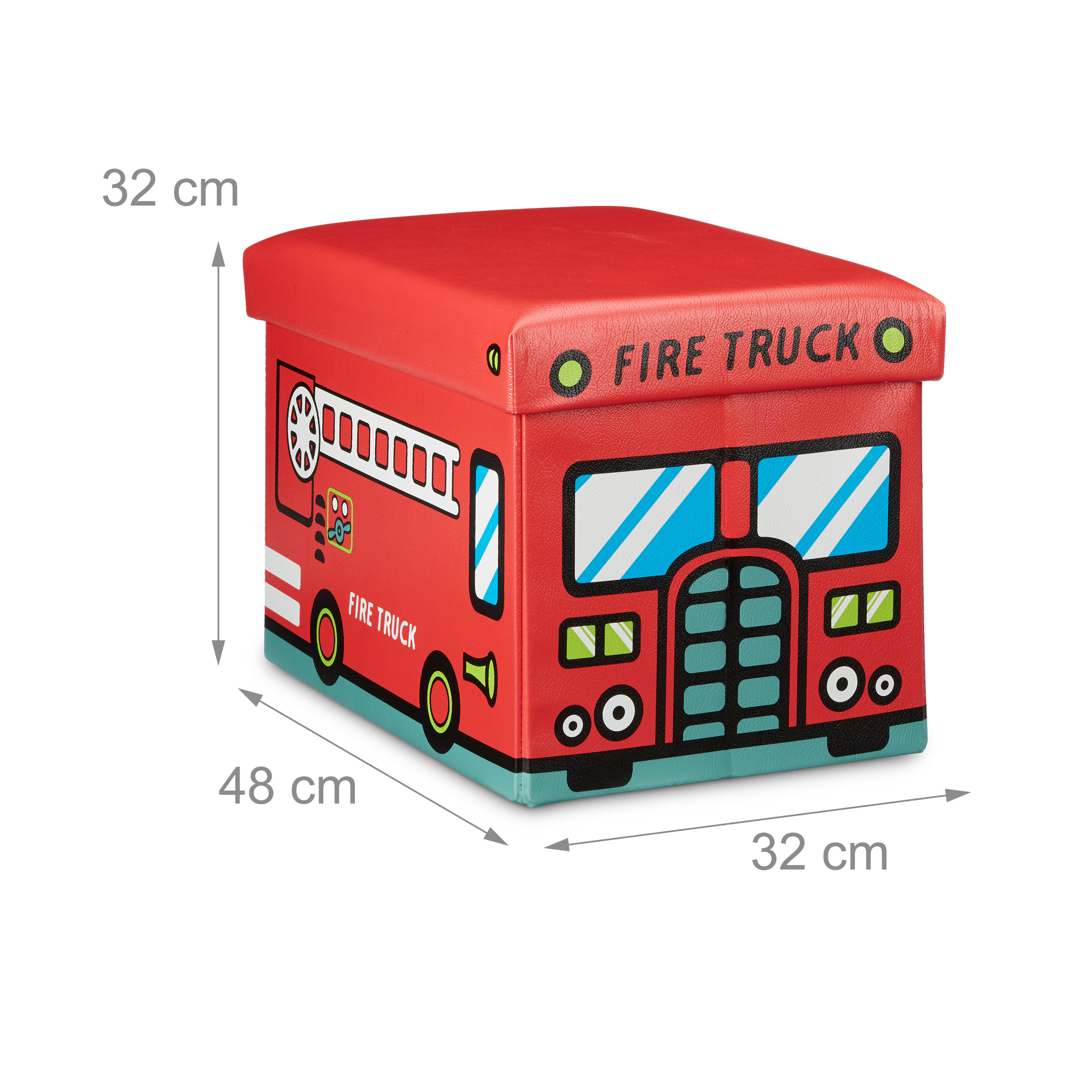 Roter Feuerwehr-Spielzeugkasten mit Maßen: 48 cm Länge, 32 cm Breite, 32 cm Höhe.