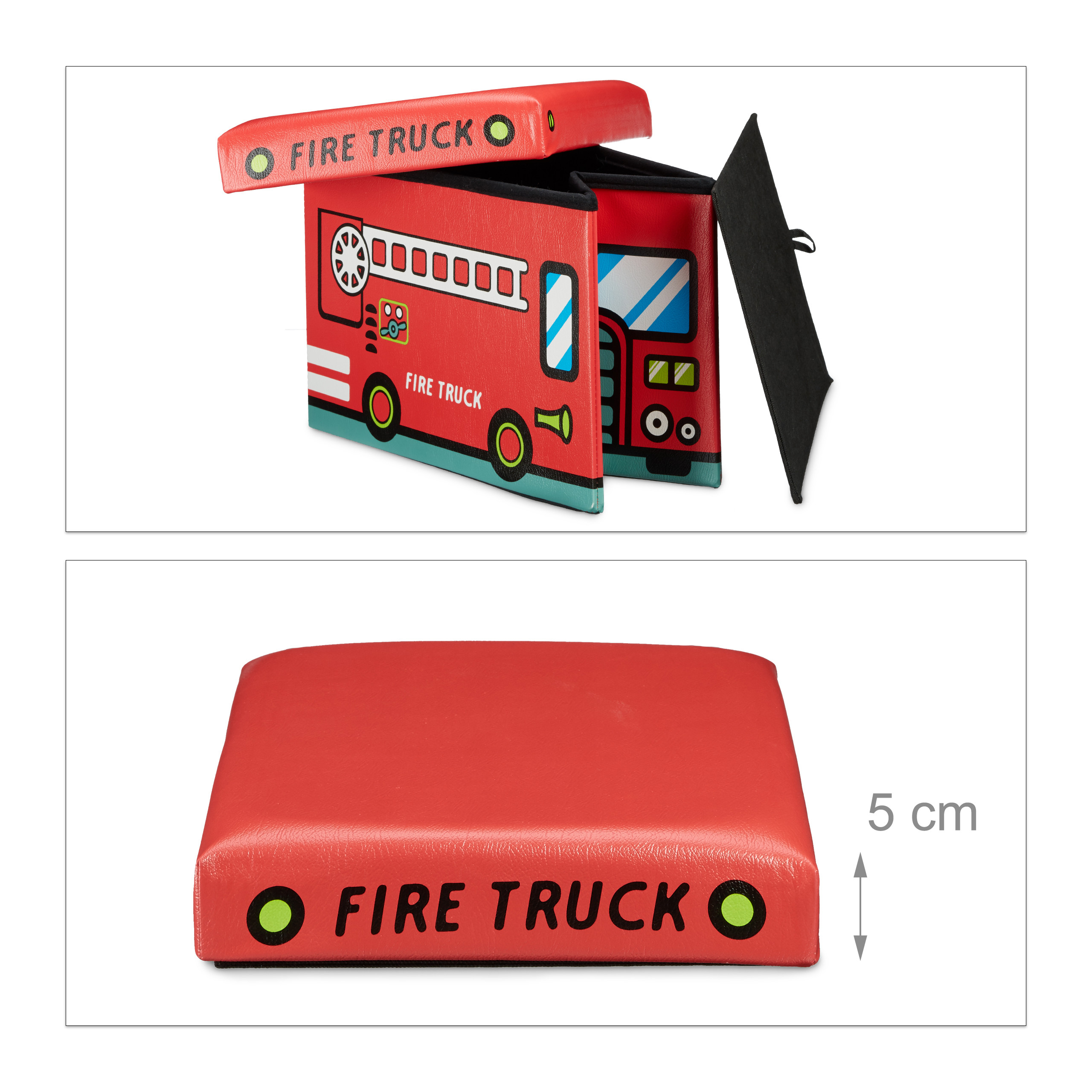 Rote Feuerwehr-Spielzeugaufbewahrungsbox mit Deckel und 5 cm dickem Sitzkissen.