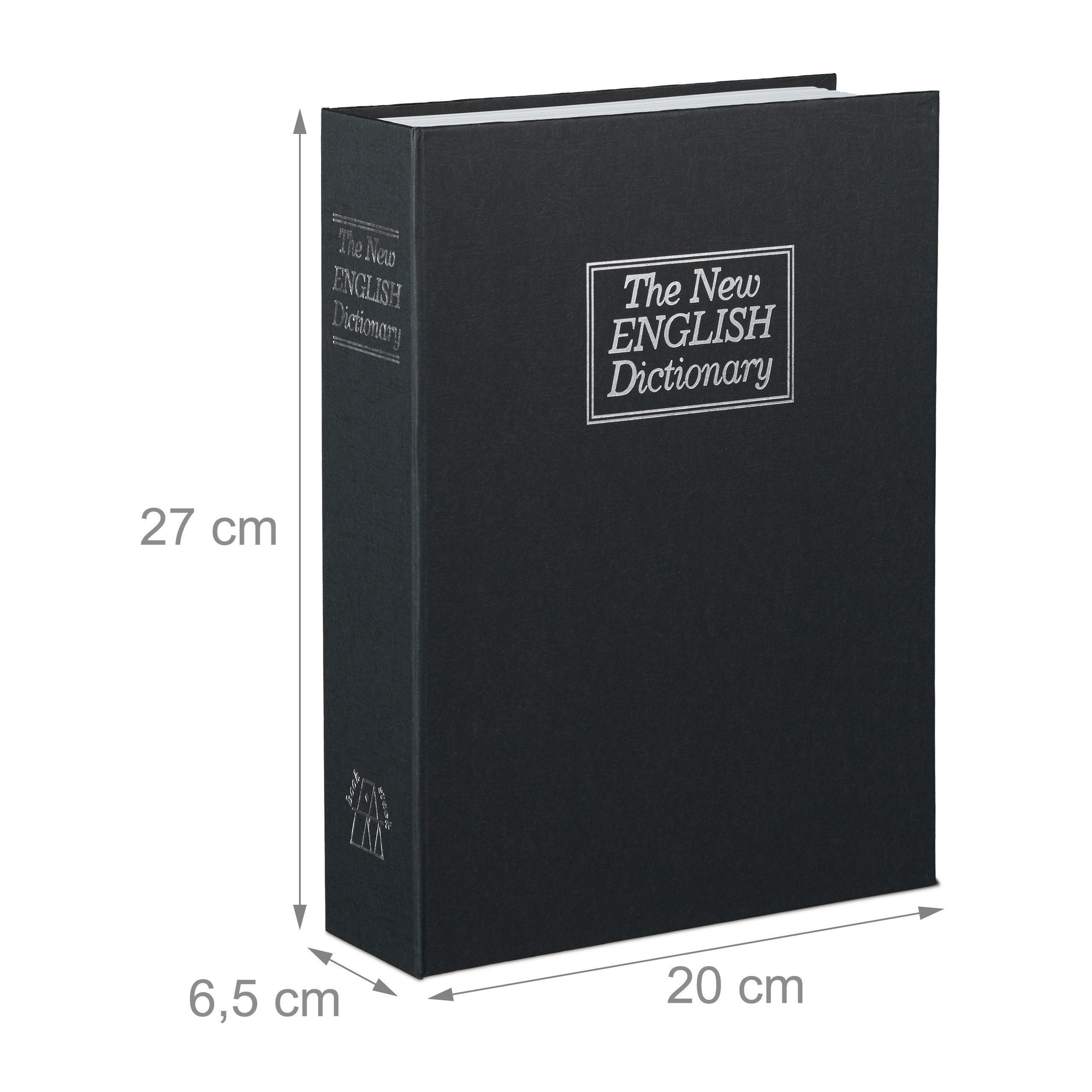 Ein schwarzes englisches Wörterbuch mit Maßen von 27x20x6,5 cm auf weißem Hintergrund.