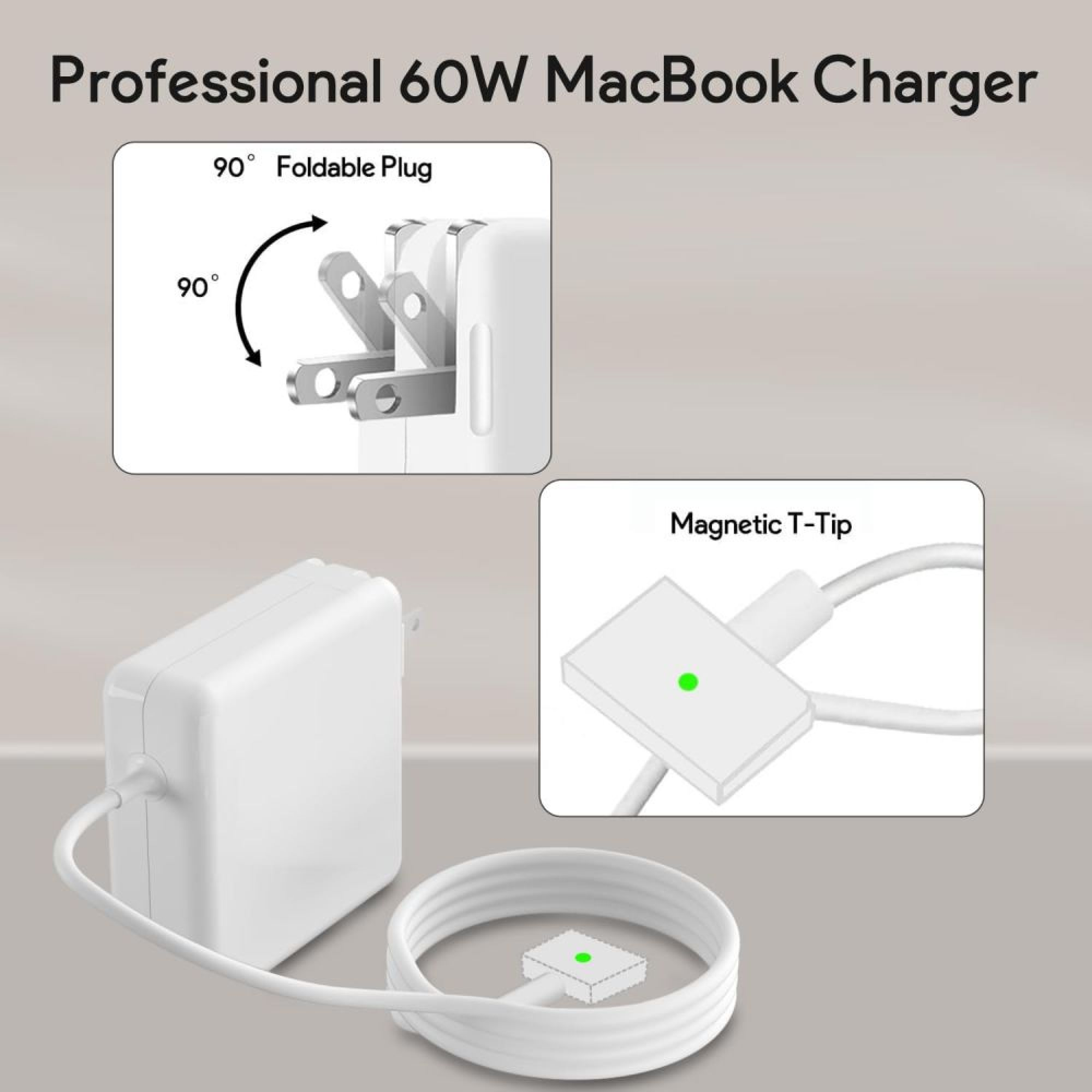 Professionelles 60W MacBook-Ladegerät mit faltbarem Stecker und magnetischer T-Spitze.