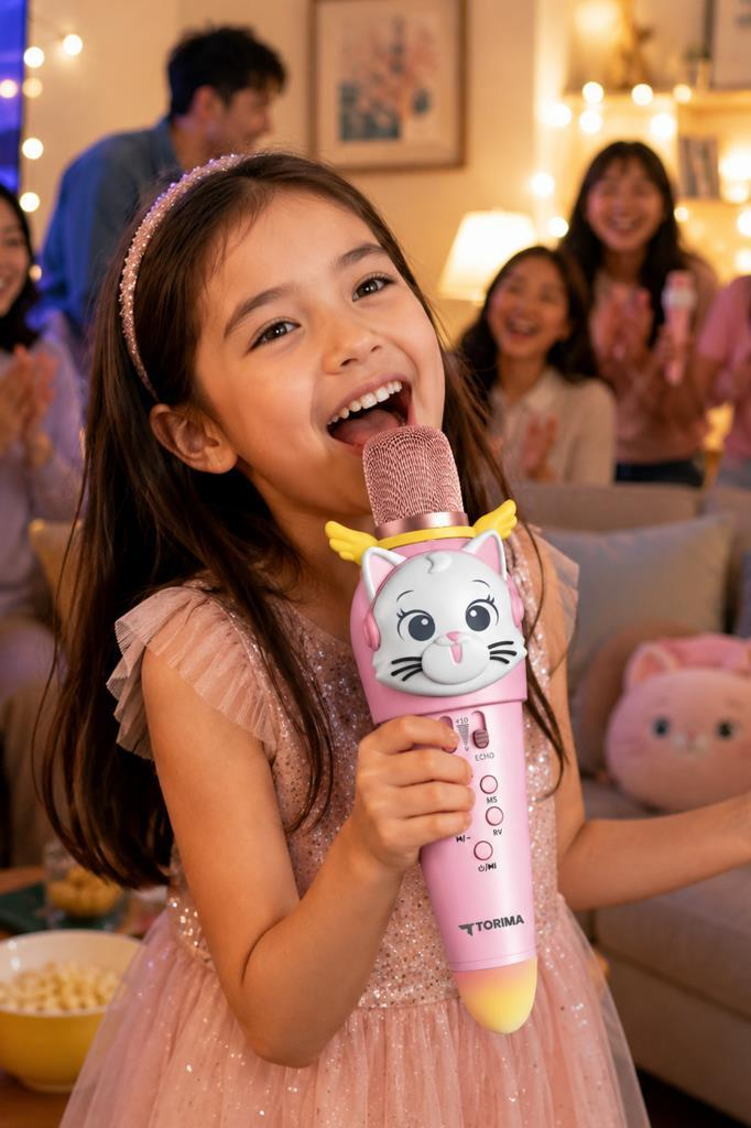 Küçük bir kız kedi yüzlü pembe bir mikrofona neşeyle şarkı söylüyor. Arkada ailesi gülümsüyor.