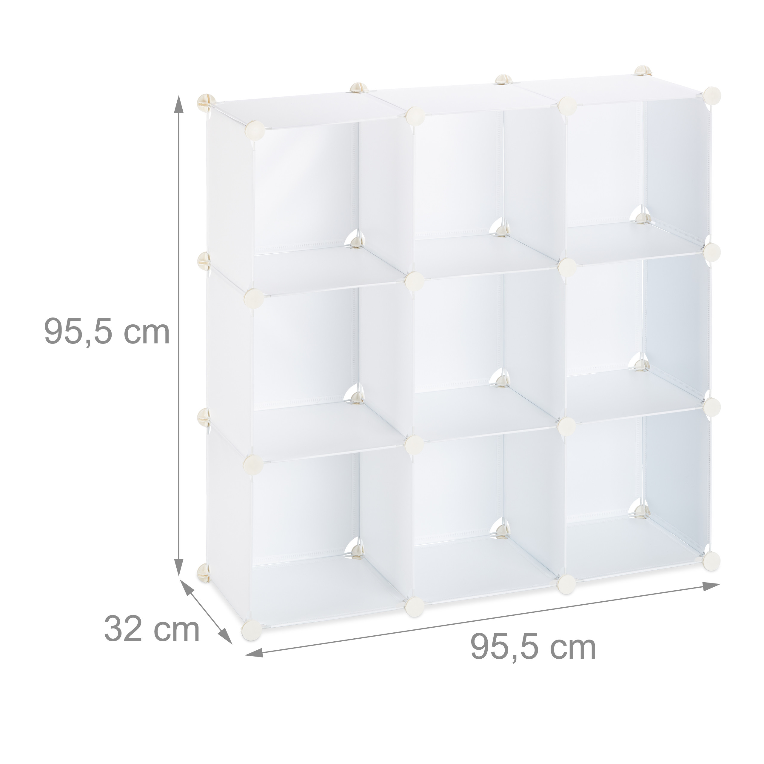 Ein weißes 9-Würfel-Modulregal mit Maßen 95,5x95,5x32 cm vor weißem Hintergrund.