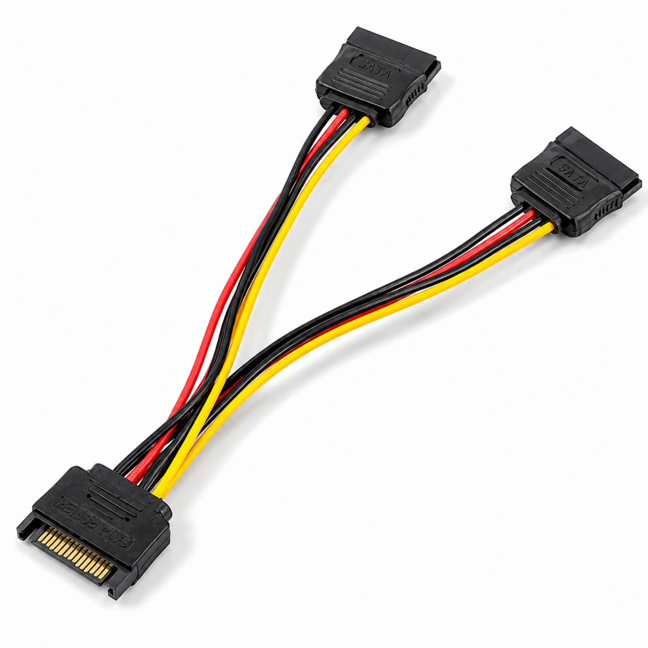 Ein SATA-Stromkabel splitter mit schwarzen, roten und gelben Drähten auf weißem Hintergrund.