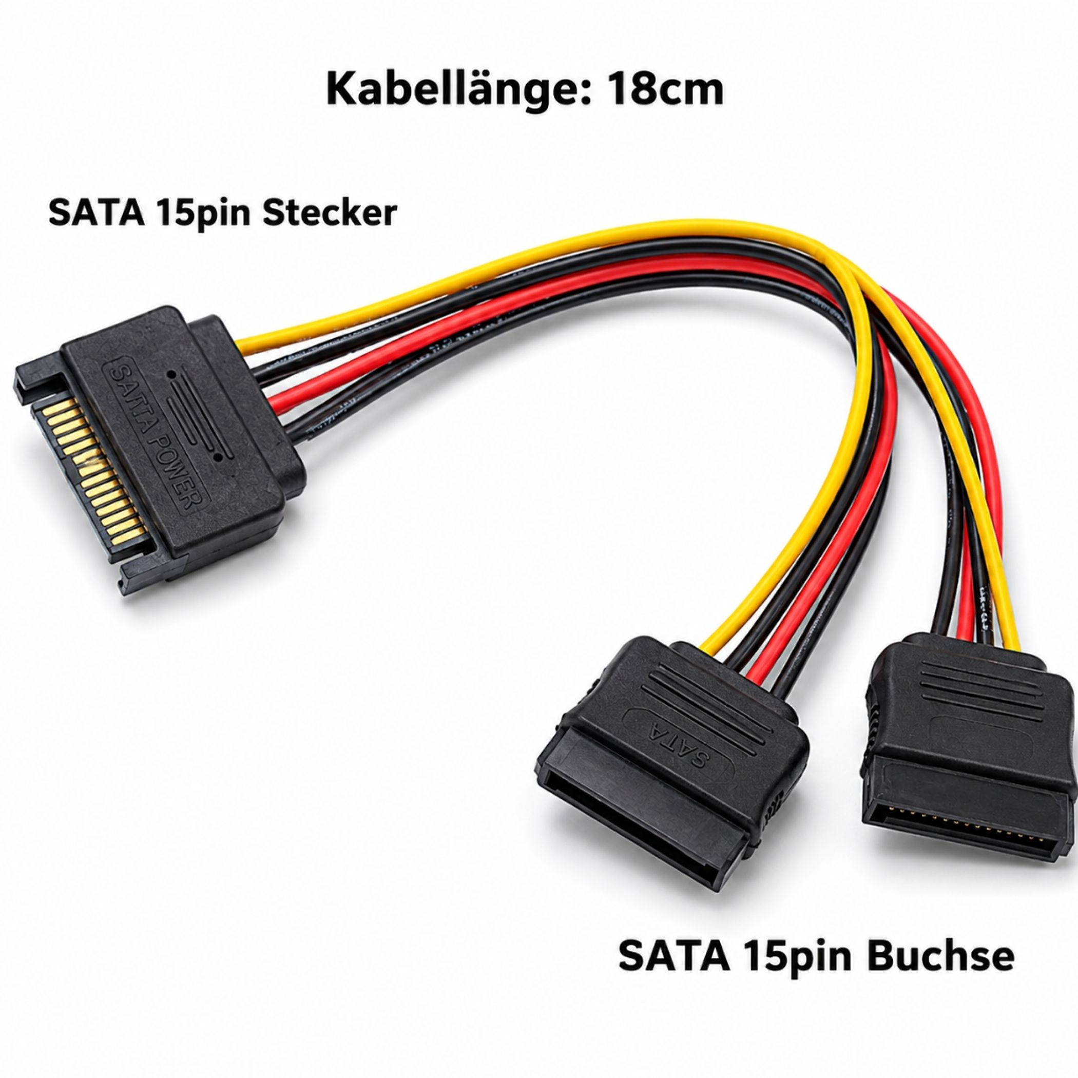 18cm langes SATA-Stromkabel mit einem 15-Pin-Stecker und zwei 15-Pin-Buchsen.