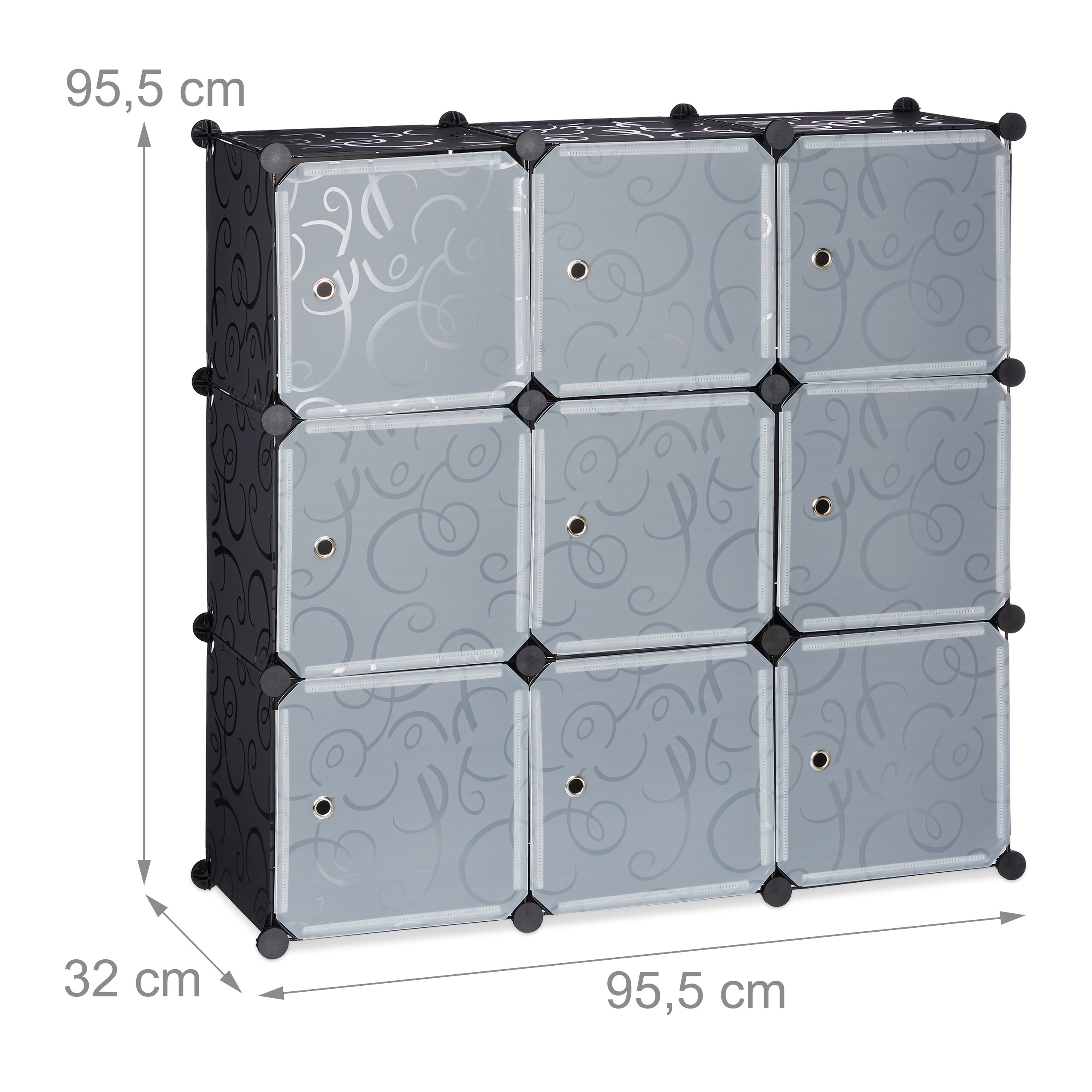 Modulares Schrankregal mit 9 Kuben, grauem Schwenktür-Design mit Mustern und Maßangaben.