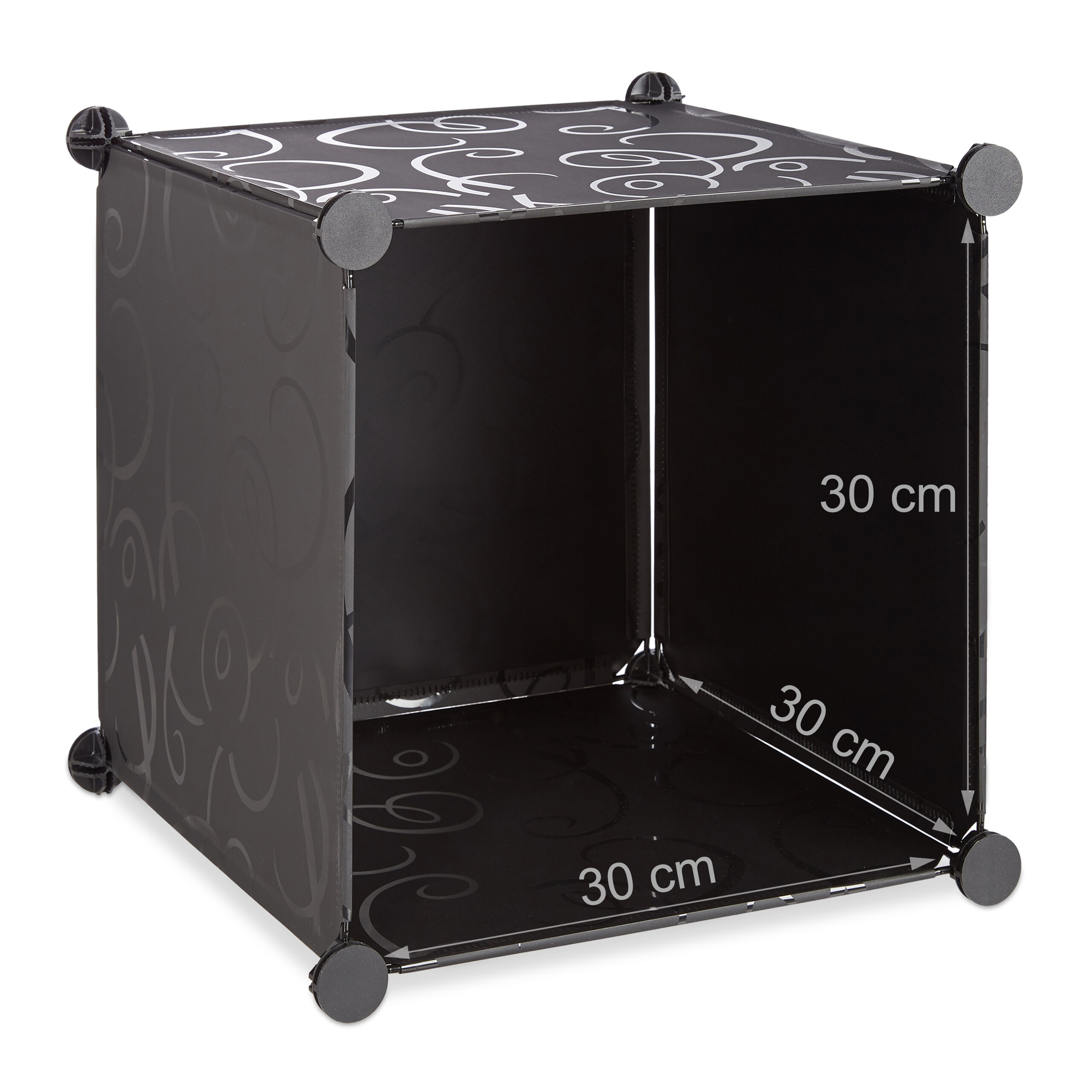 Ein schwarzes Würfelregal mit weißen Schnörkeln und 30 cm Abmessungen.