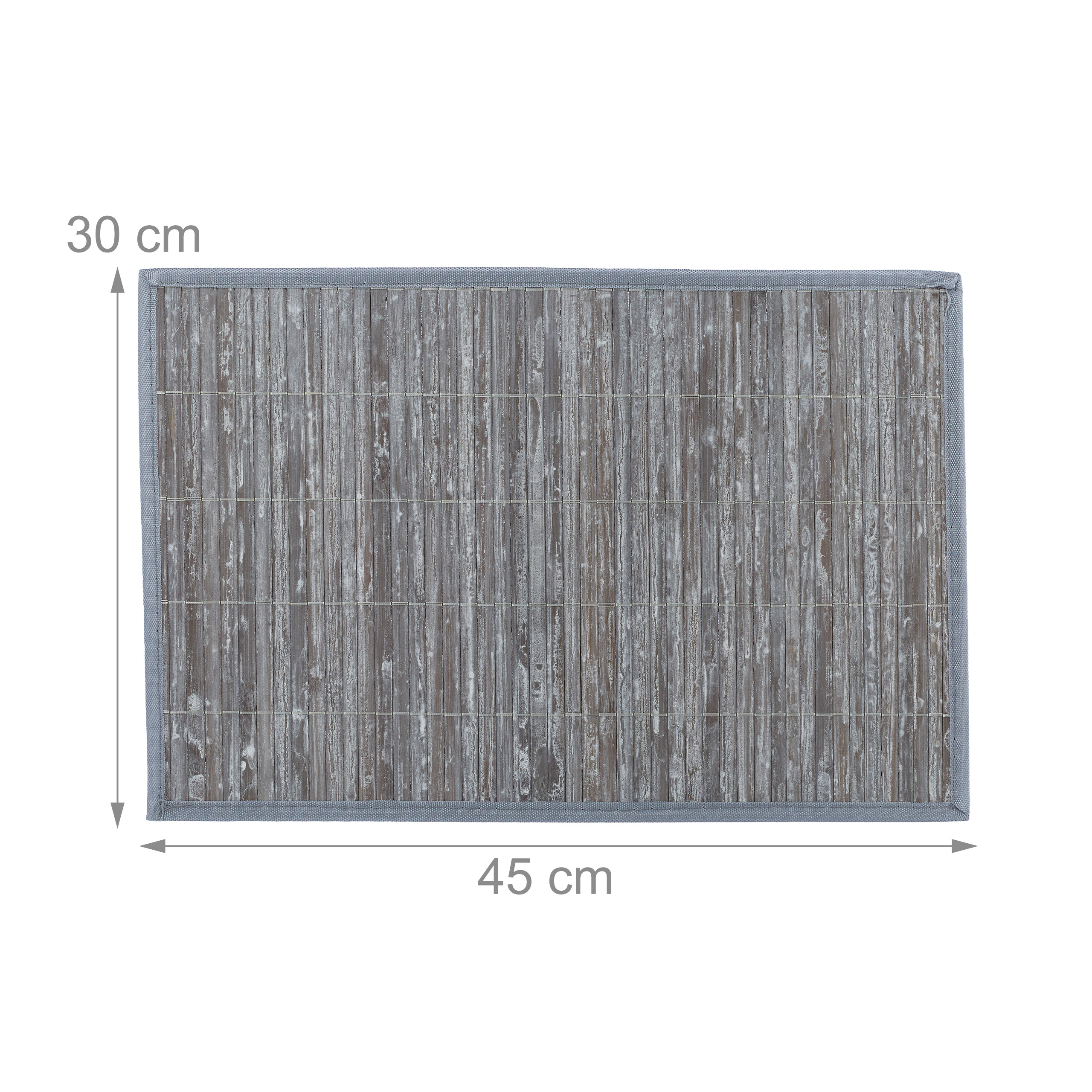 Ein rechteckiges, braunes Bambus-Tischset mit grauen Stoffrändern, Maße 30 x 45 cm vor weißem Hintergrund.