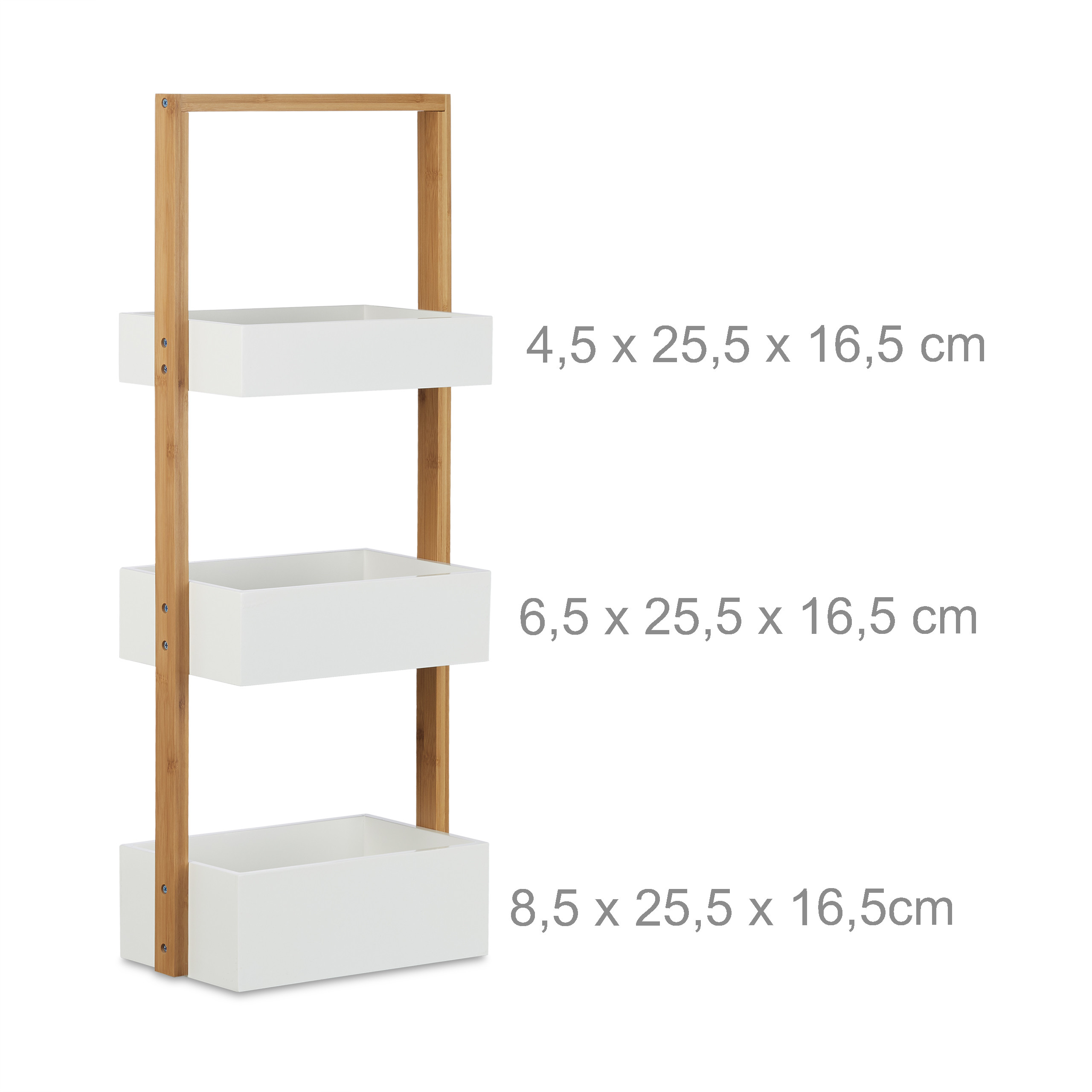 Holzregal mit drei weißen Boxen und Maßangaben.
