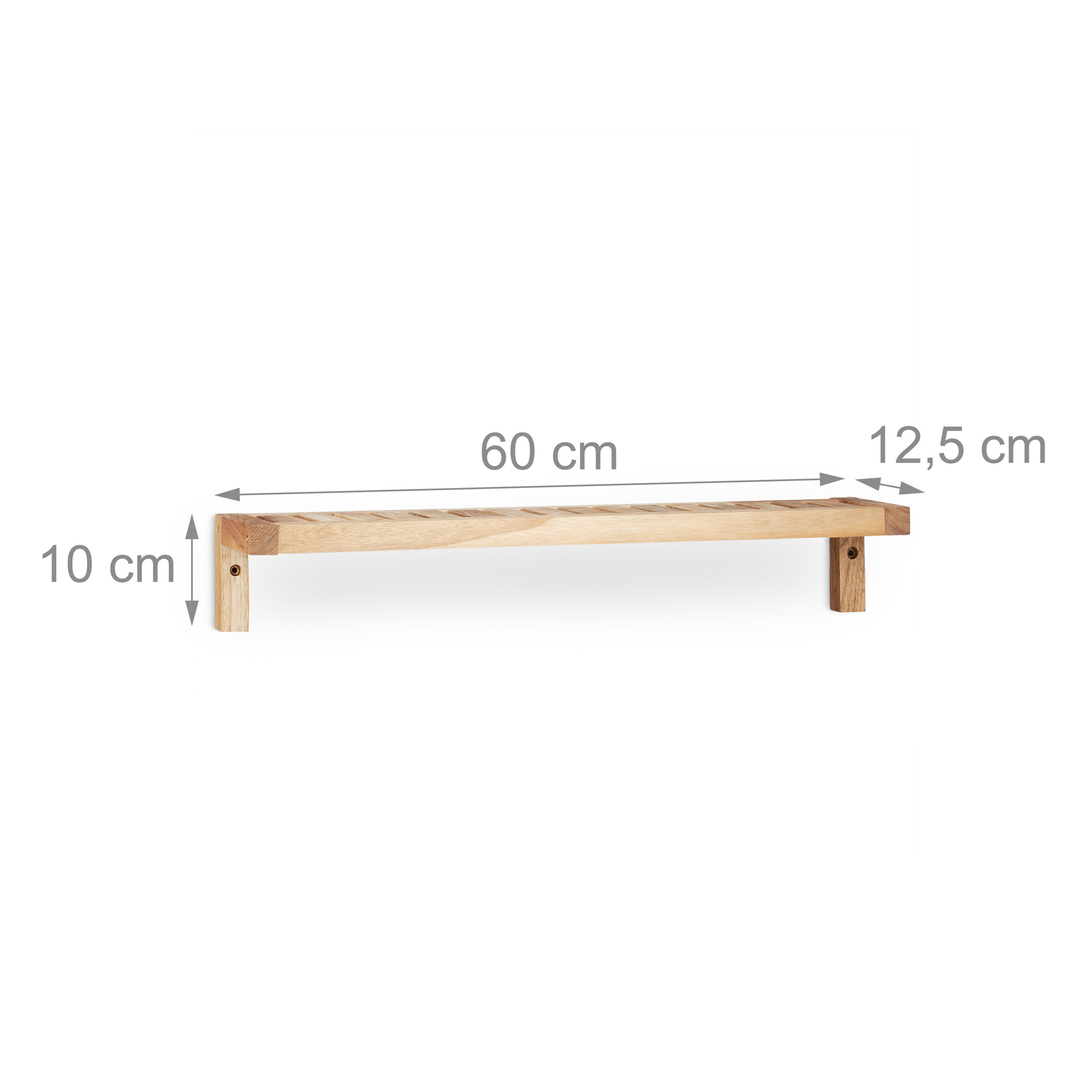 Ein hölzernes Wandregal mit Bemaßungen: 60 cm Länge, 12,5 cm Tiefe und 10 cm Höhe.