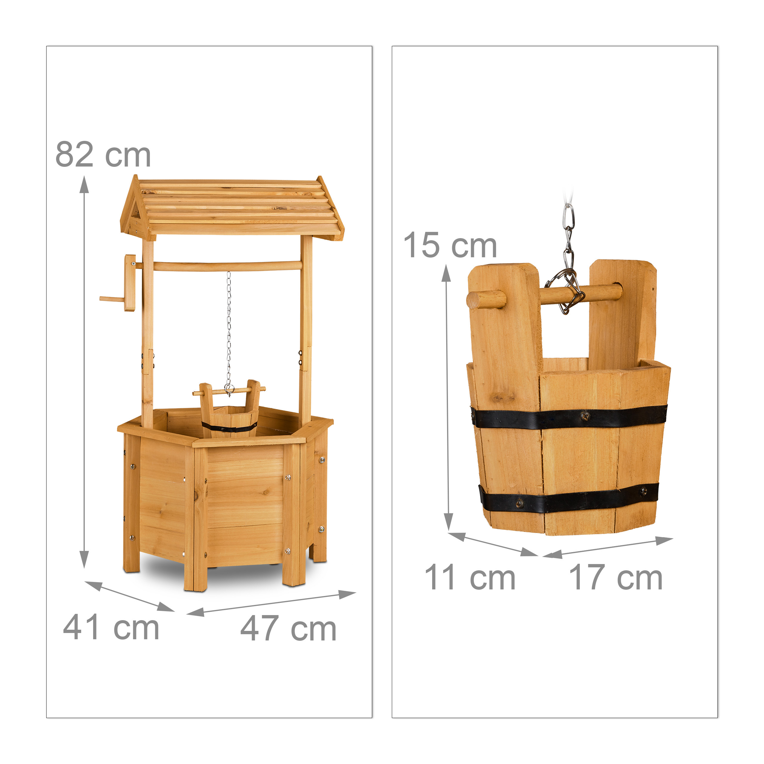 Holzbrunnen mit Maßen (82x47x41 cm) und ein separater Eimer mit Maßen (15x17x11 cm).