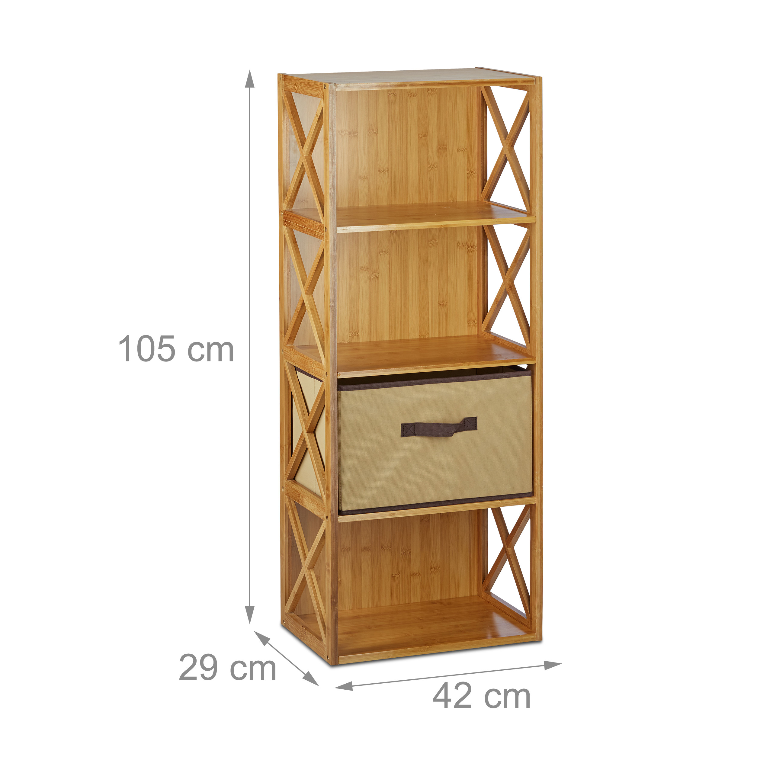 Bambusregal mit vier Fächern und einer Stoffschublade, Höhe 105 cm, Breite 42 cm, Tiefe 29 cm.