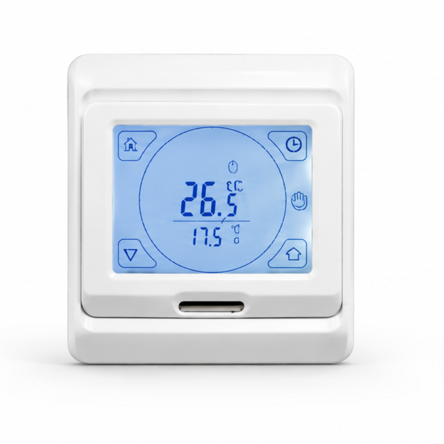 Ein weißer digitaler Raumthermostat mit blauem Display zeigt 26.5 Grad.