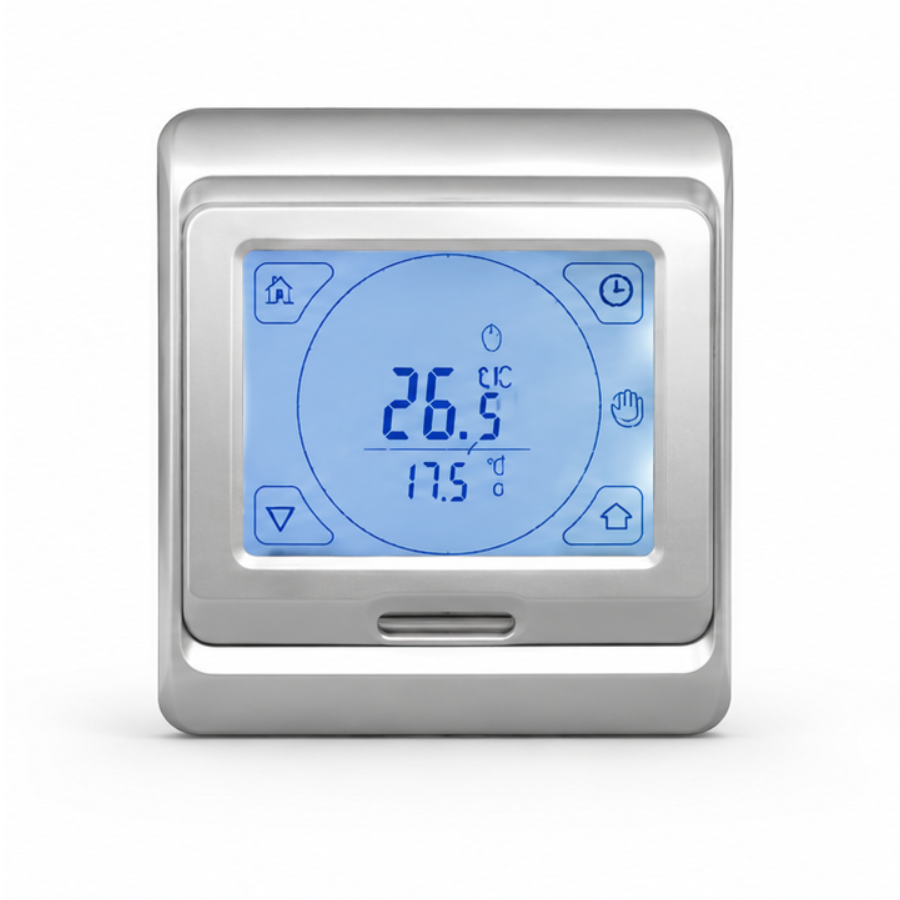 Ein silberner digitaler Thermostat mit blauem Display zeigt 26,5 Grad Celsius an.