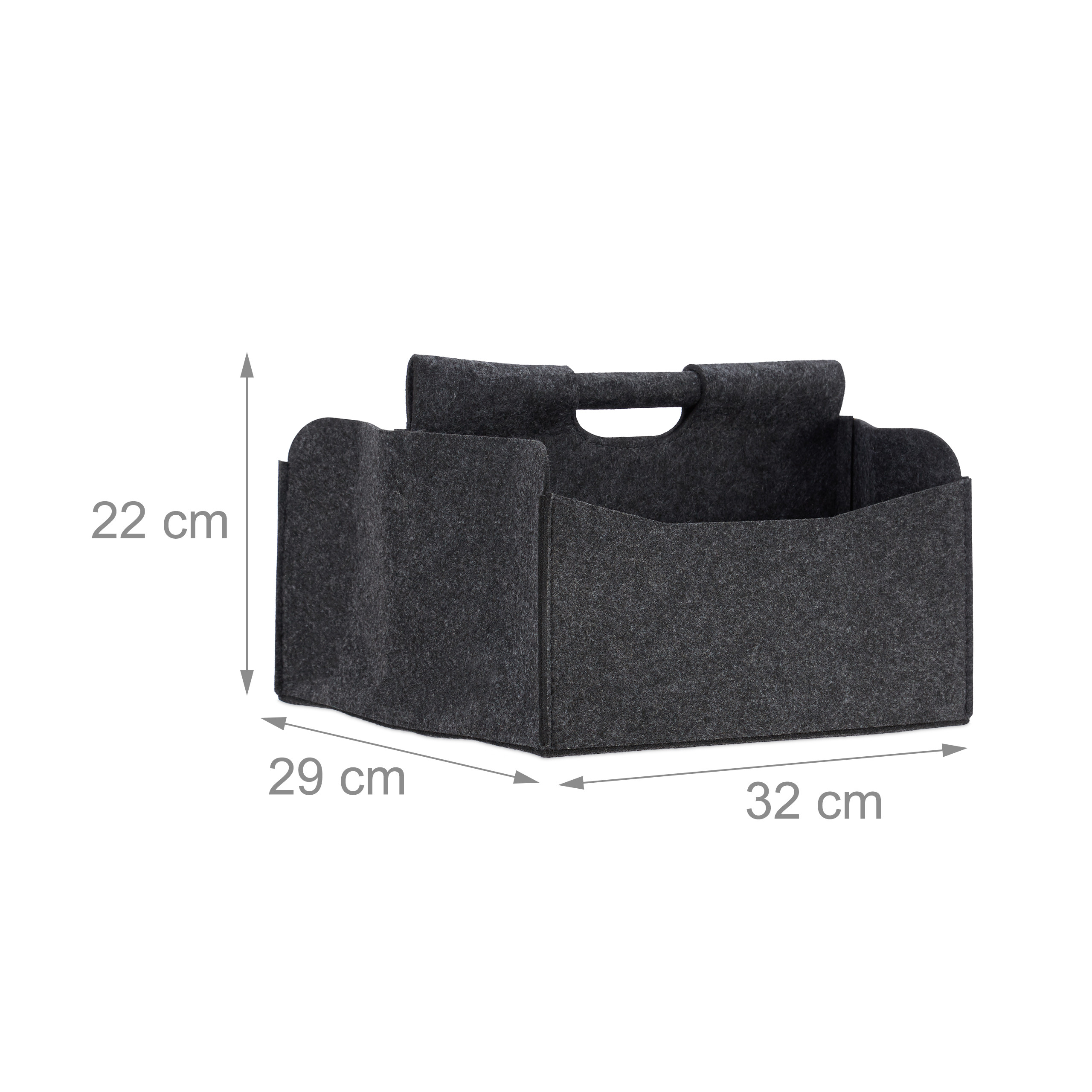 Dunkelgrauer Filz-Aufbewahrungskorb mit Maßen 32 cm Breite, 29 cm Tiefe und 22 cm Höhe.