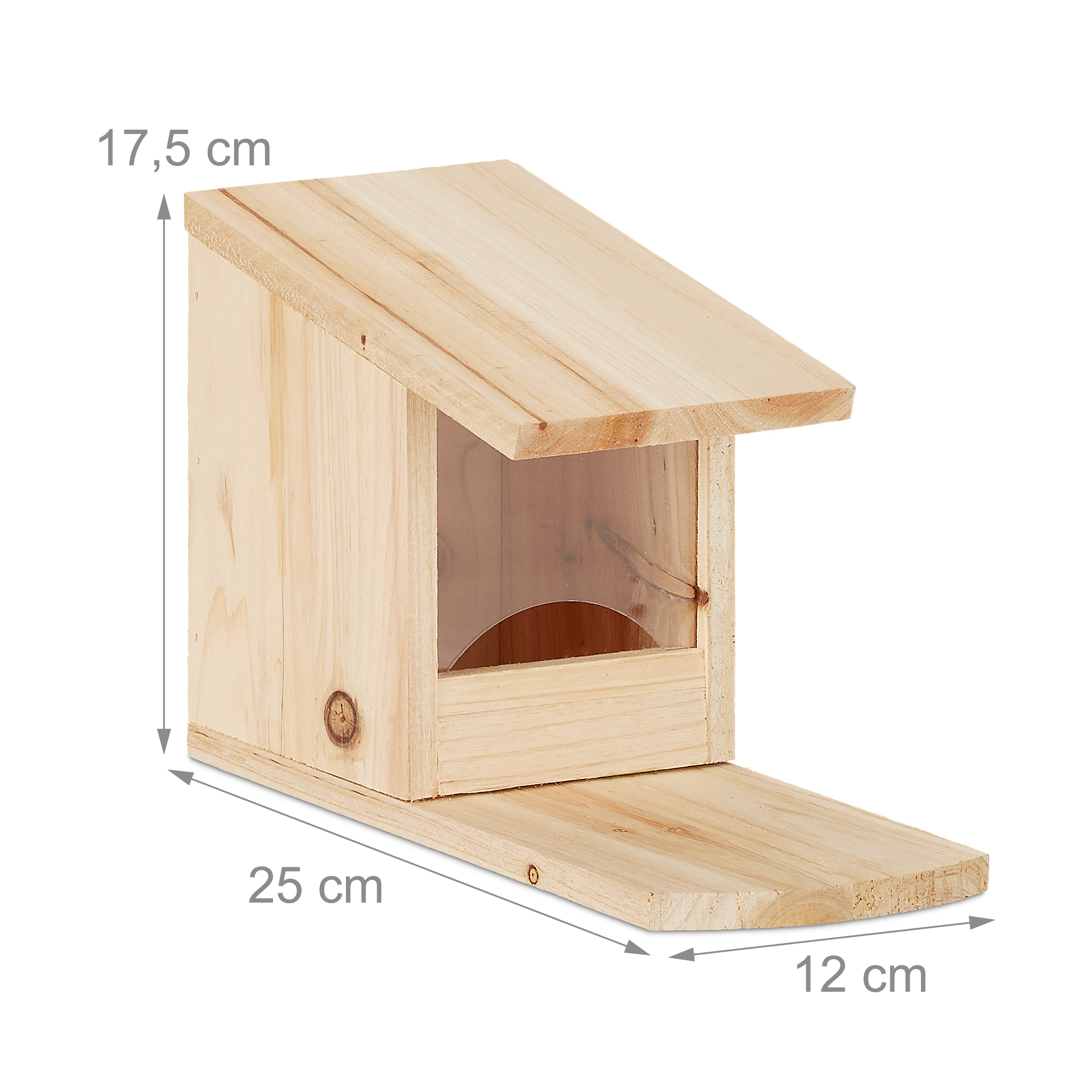 Ein hölzernes Vogelhaus mit transparenten Wänden und Maßen von 17,5 x 25 x 12 cm.