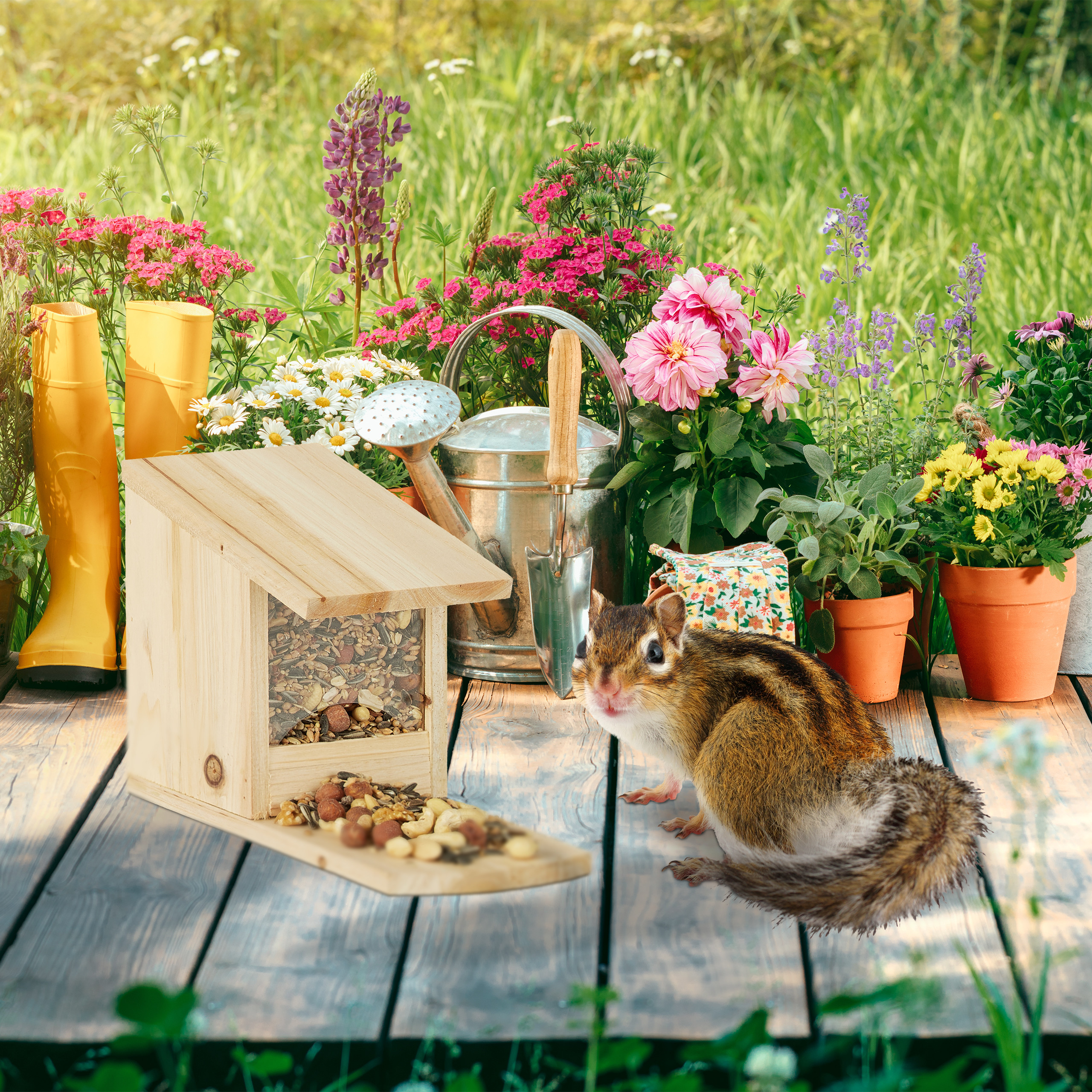 Ein Streifenhörnchen sitzt auf Holzdielen neben einem Futterhäuschen, Blumen, gelben Stiefeln und Gartenwerkzeug.