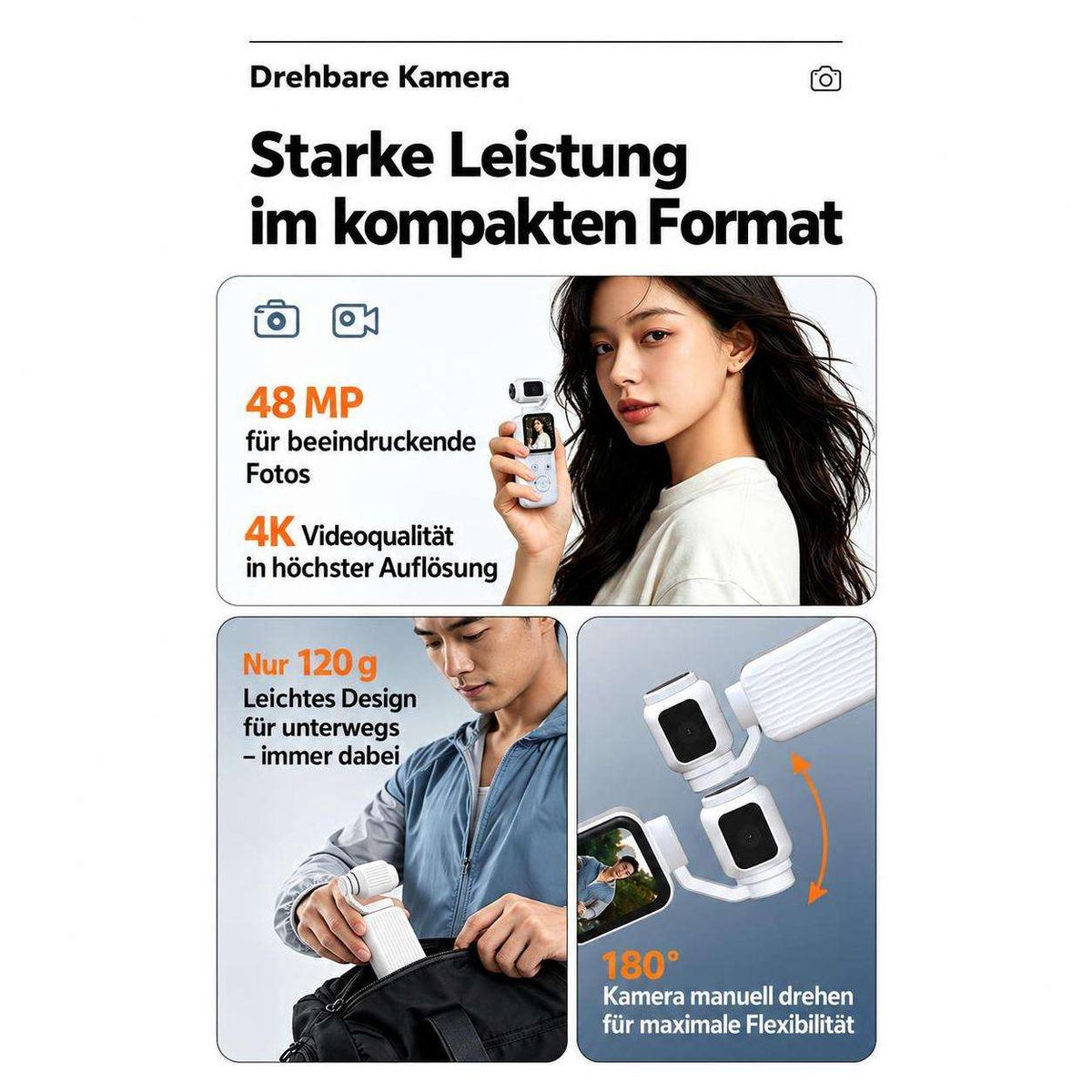 Produktbanner für eine kompakte 48MP- und 4K-Kamera mit 180-Grad-Drehung und Leichtgewicht von 120 Gramm.