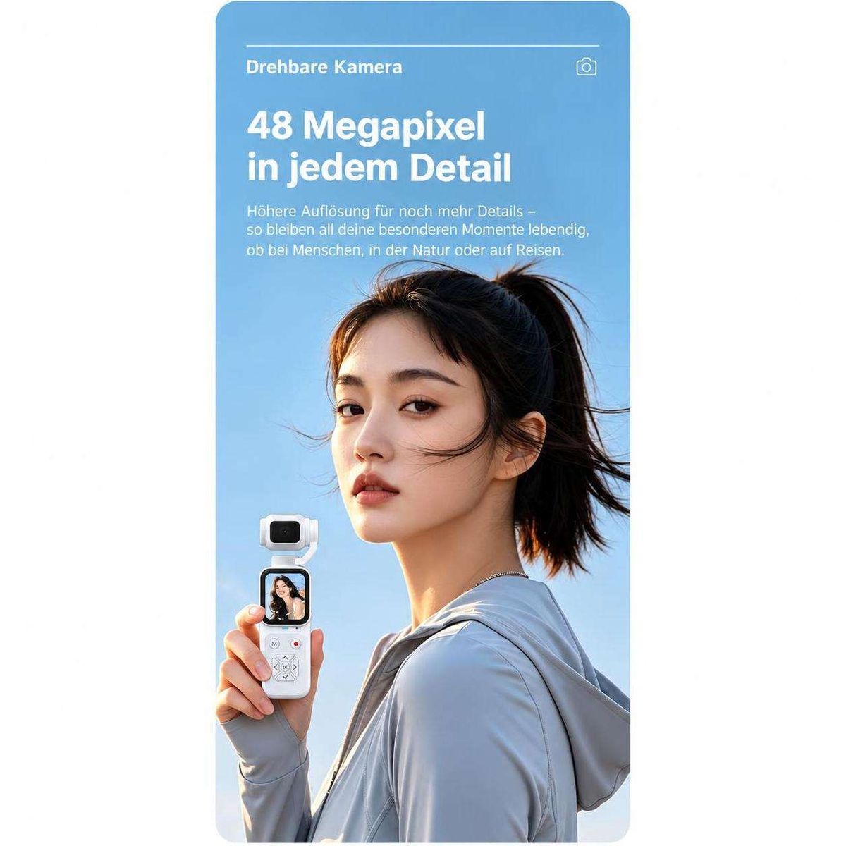 Eine Frau in grauer Kleidung hält eine weiße Gimbal-Kamera vor blauem Himmel.
