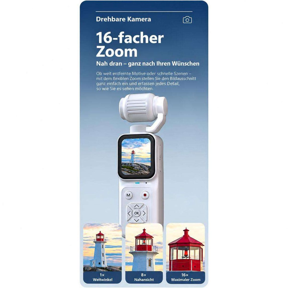 Werbebild für eine weiße tragbare Handkamera mit Display, rotierenden Gelenk und Zoomstufen am Beispiel eines Leuchtturms.