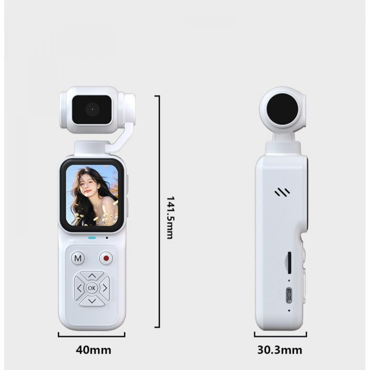 Weisse Handheld-Pocket-Kamera mit Gimbal, Bildschirm, Tasten und den Abmessungen 141,5 mm x 40 mm x 30,3 mm.