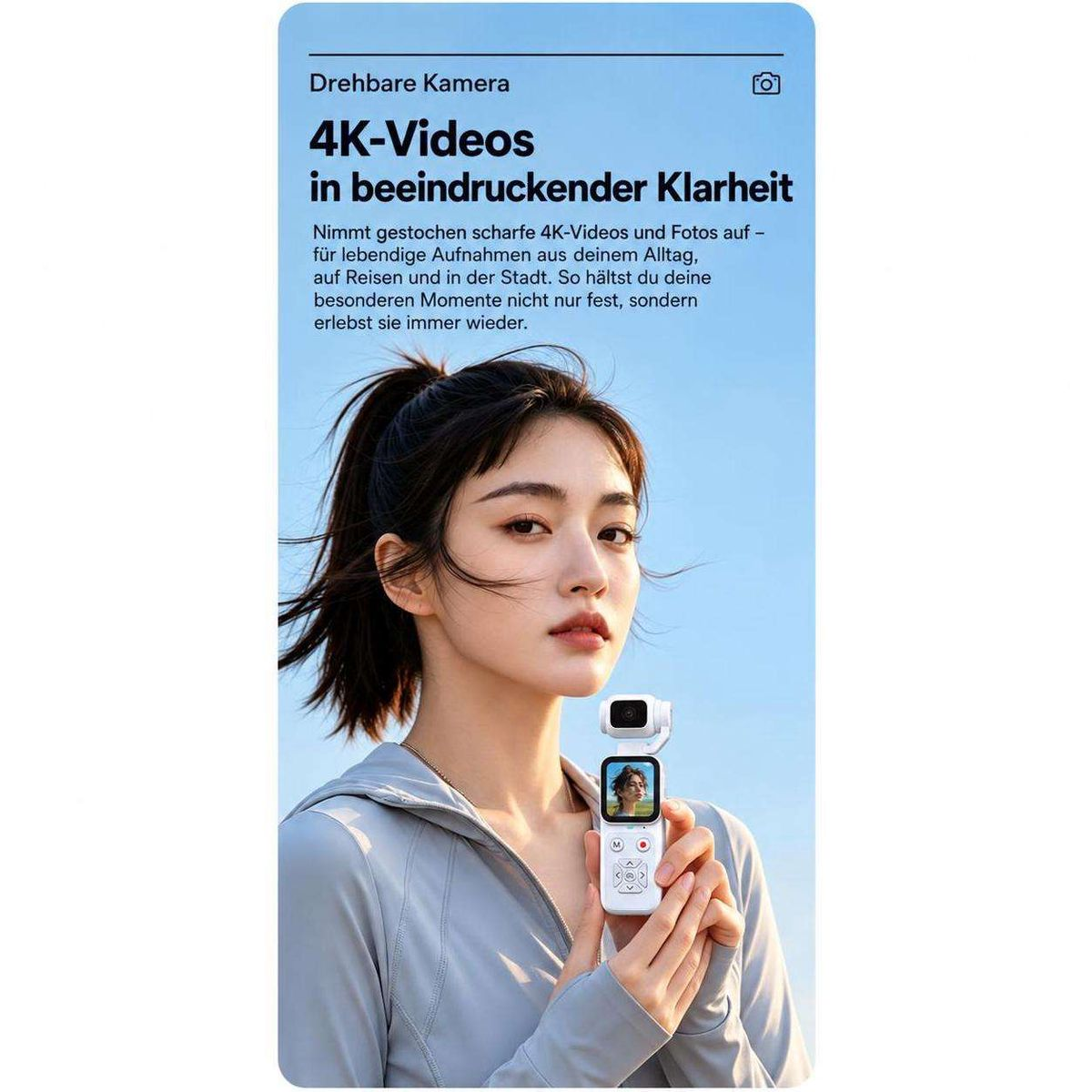 Eine Frau hält eine kleine, weiße Gimbal-Kamera vor einem blauen Himmel, begleitet von deutschem Werbetext.