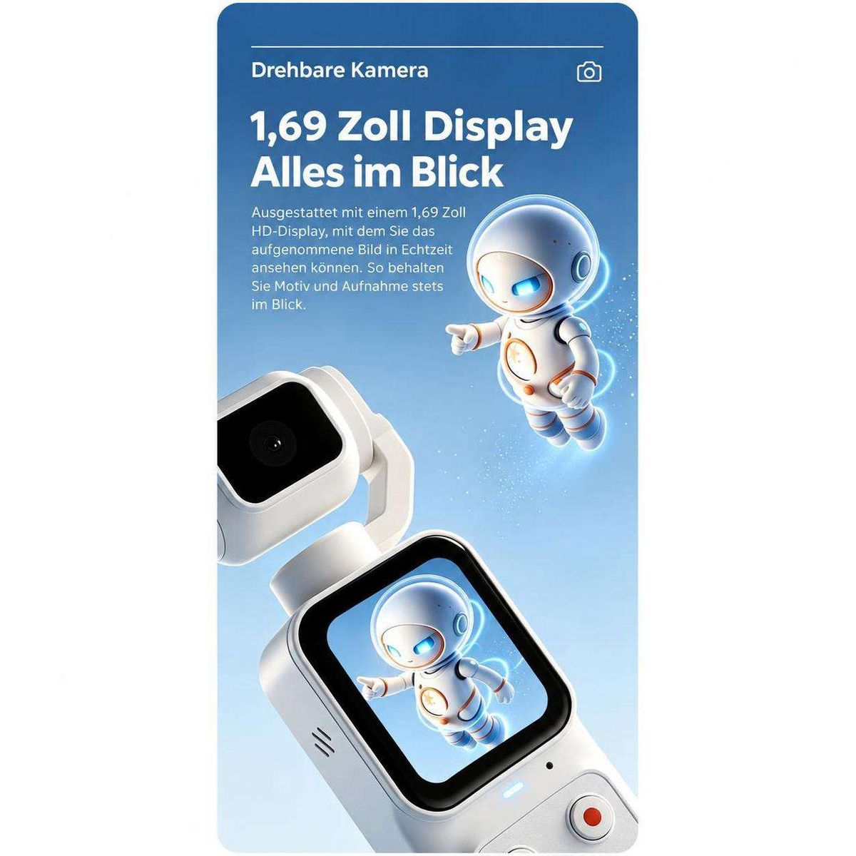 Produktwerbung für eine Kinderuhr mit drehbarer Kamera und 1,69-Zoll-Display, illustriert mit einem Roboter.