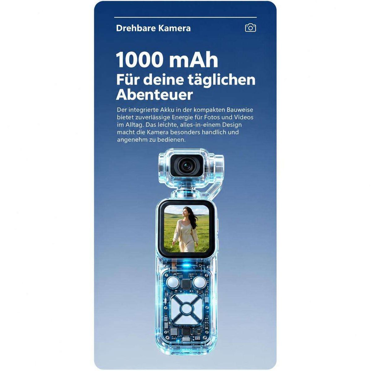 Blaue Produktwerbung für eine transparente Kompaktkamera mit drehbarem Objektiv und integriertem Display.