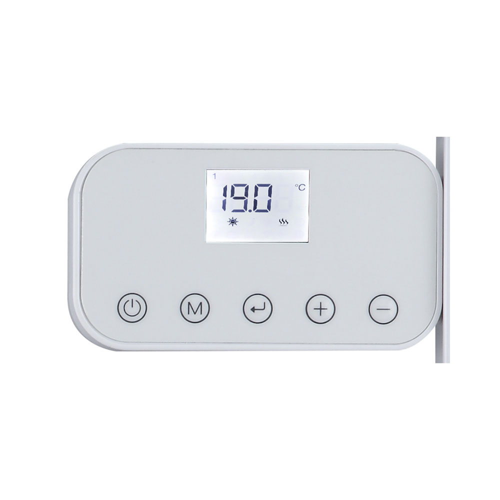 Ein weißes digitales Thermostat mit LCD-Display und runden Tasten unten.