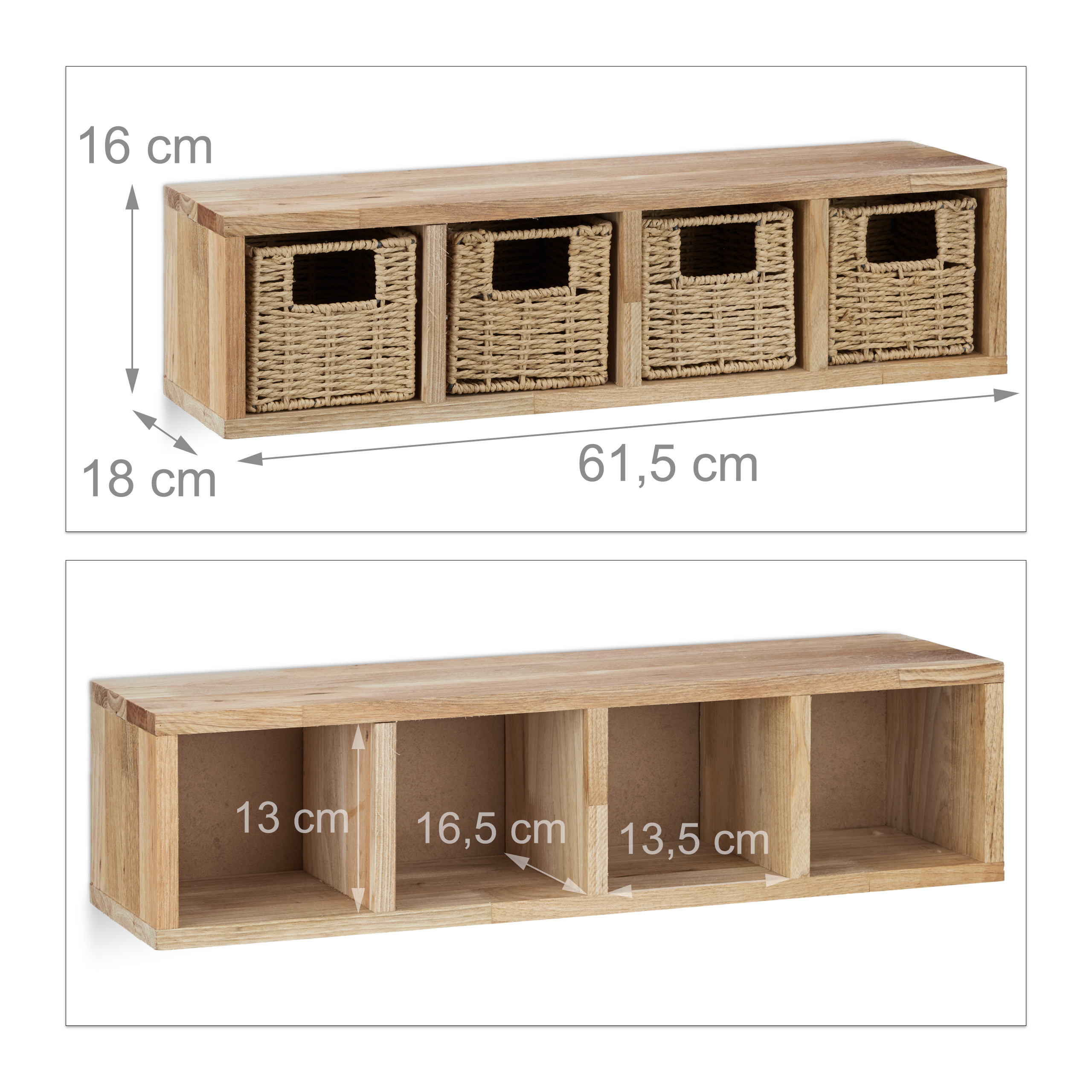 Holzregal mit vier Fächern, Maße oben und Innenmaße unten.