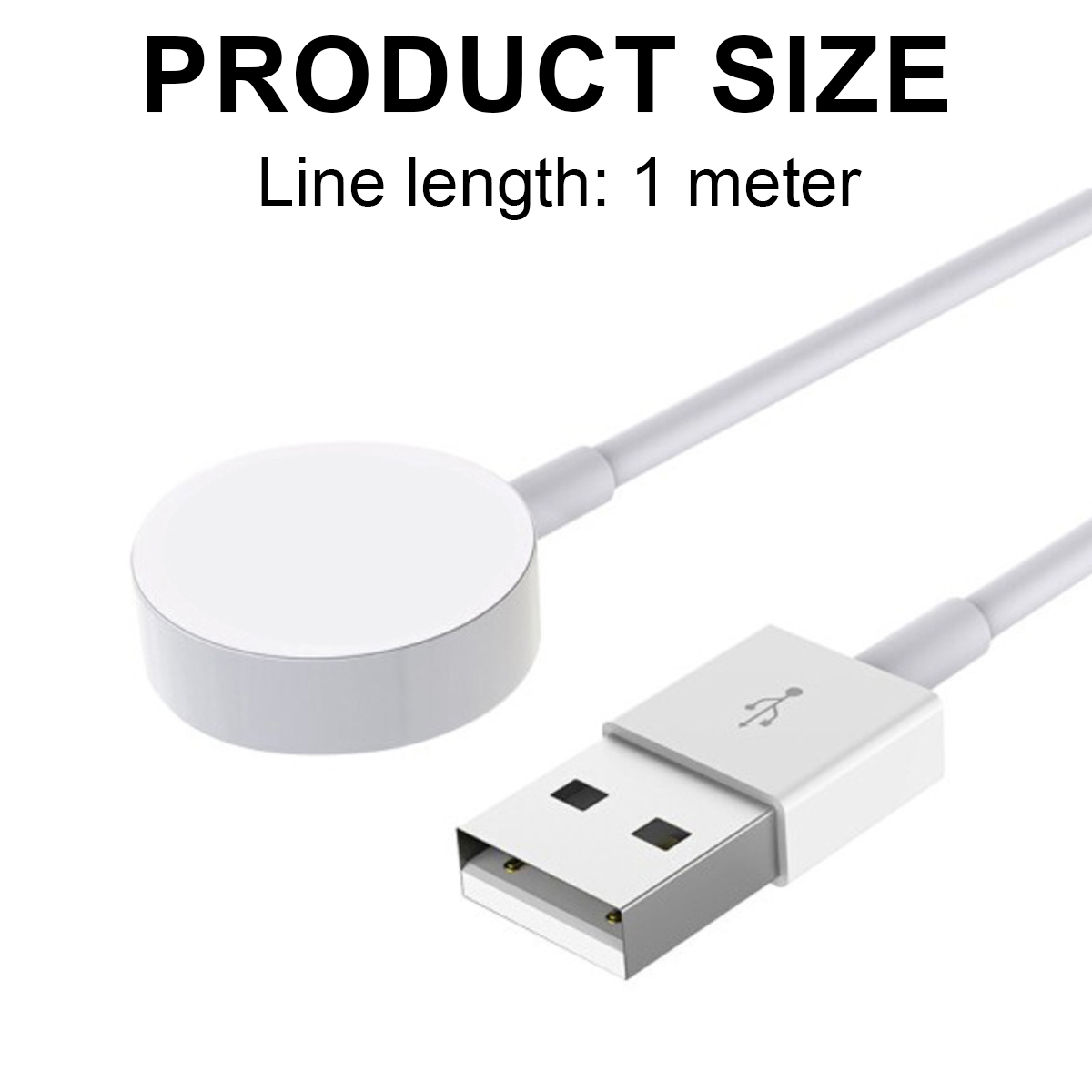Weißes Smartwatch-Ladekabel mit USB-Anschluss, beschriftet mit Produktgröße und 1 Meter Leitungslänge.