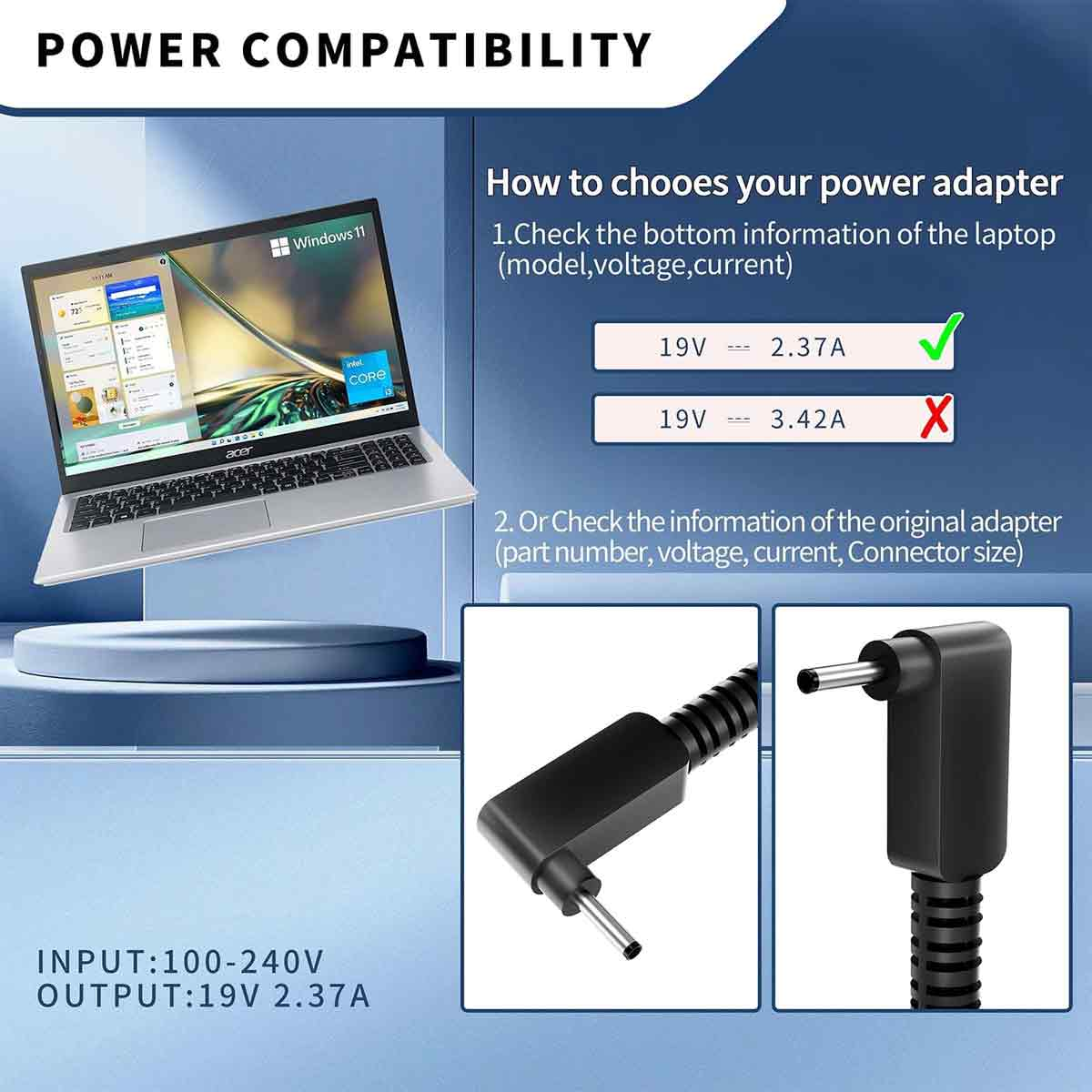 Anleitung zur Auswahl eines kompatiblen Netzteils für einen Laptop mit Spannungs- und Steckerdetails.