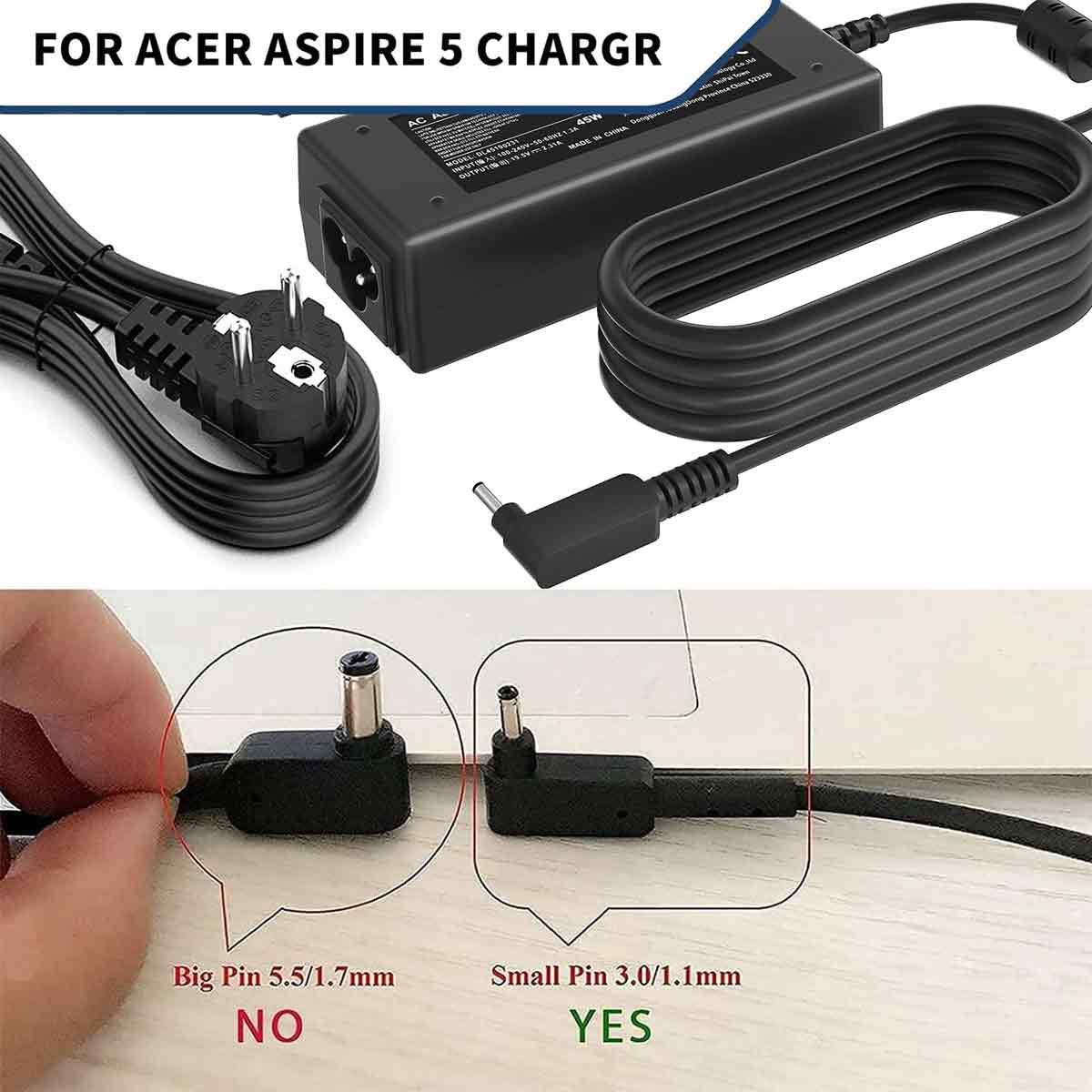 Ein Acer Aspire 5 Ladegerät mit großem Pin 5.5/1.7mm (NEIN) und kleinem Pin 3.0/1.1mm (JA).