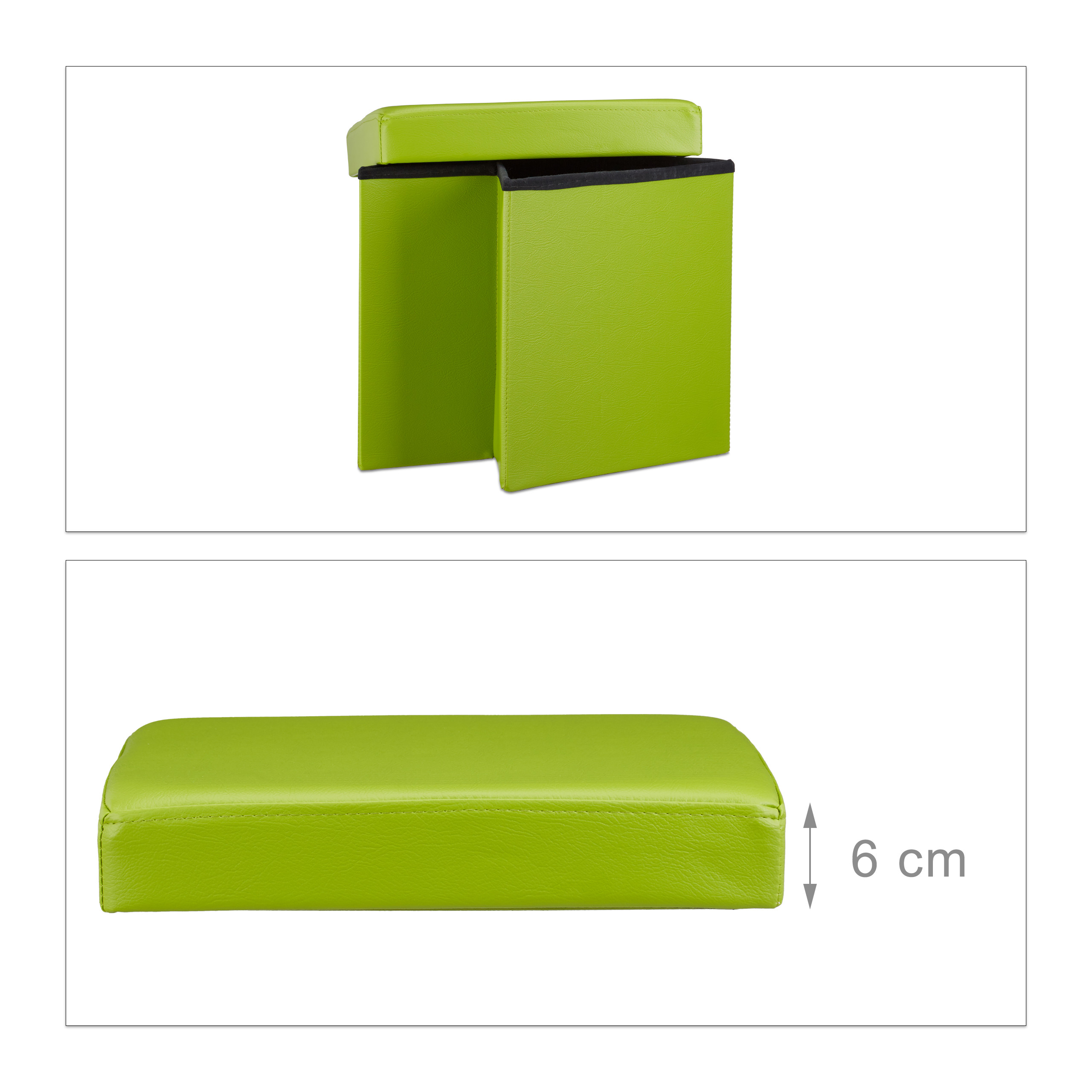 Ein grüner Falthocker mit offenem Deckel oben und ein separates Bild des 6 cm dicken gepolsterten Kissens unten.