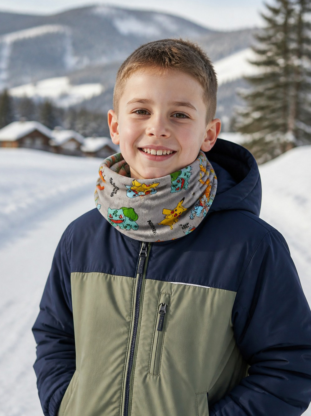 Ein lächelnder Junge in einer winterlichen Jacke und mit einem bunten Schlauchtuch vor einer verschneiten Berglandschaft.