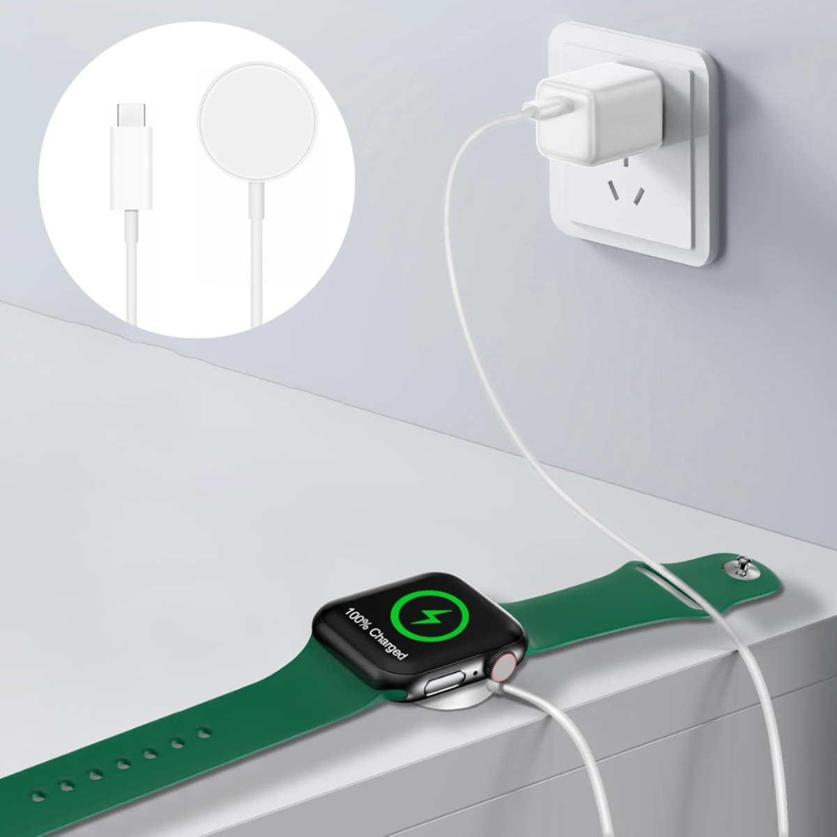 Eine grüne Smartwatch lädt mit weißem Ladekabel an einer Steckdose.