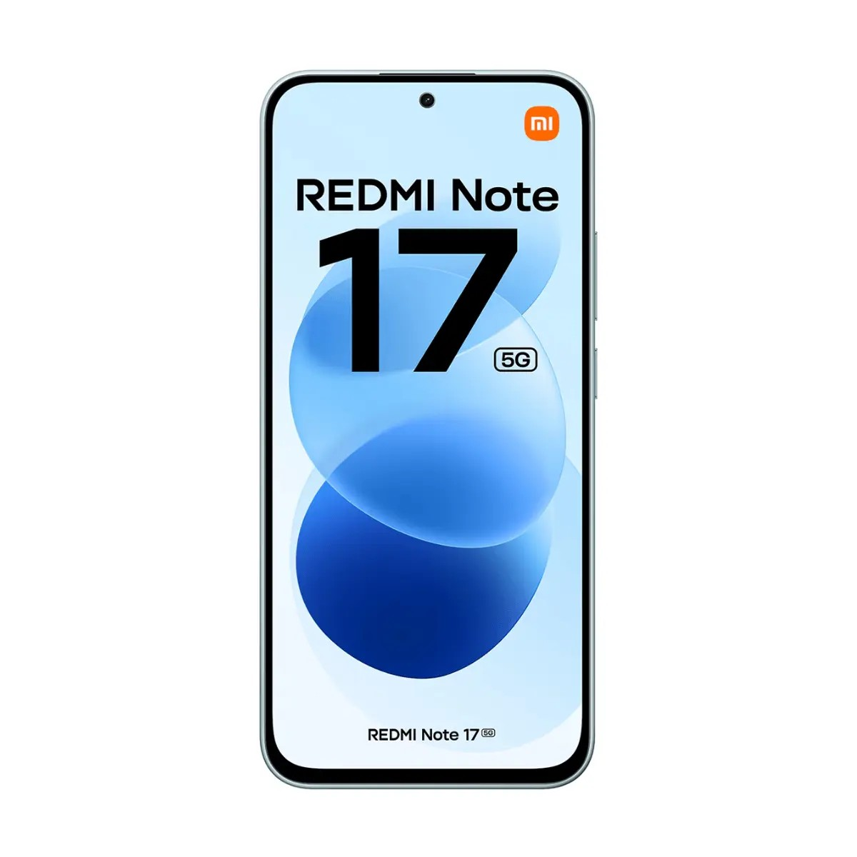 Uno smartphone Redmi Note 17 mostra testo e forme blu sullo schermo.