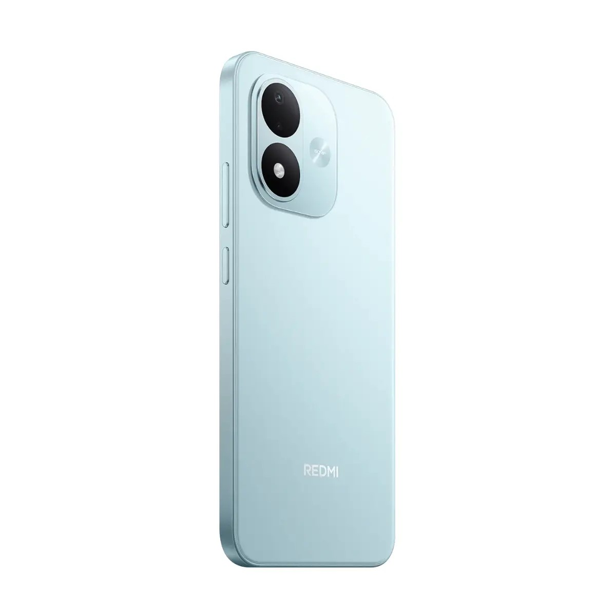 Smartphone Redmi azzurro visto da dietro, con due obiettivi e il logo della marca.