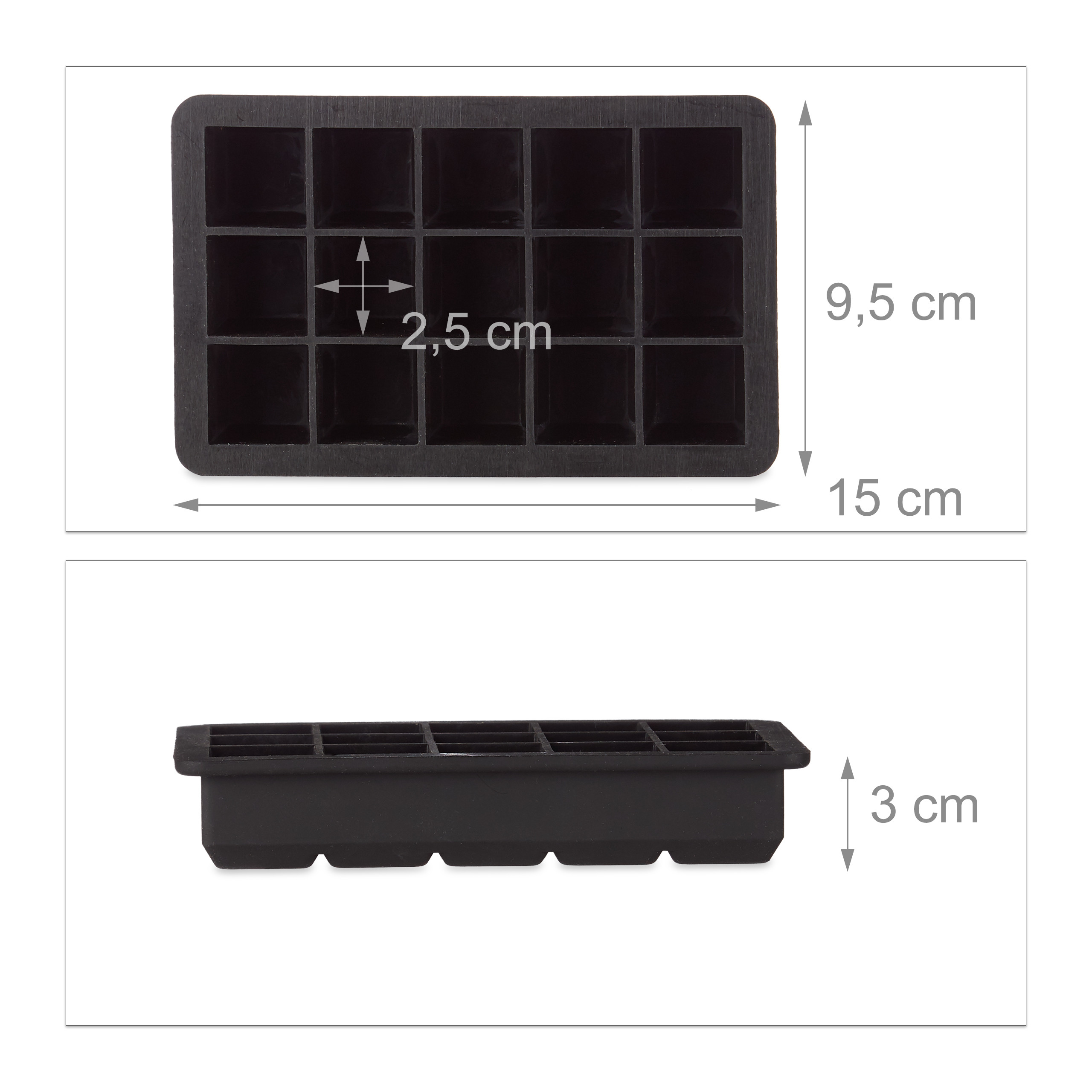 Schwarze Eiswürfelform mit Maßen: 15 cm Länge, 9,5 cm Breite, 3 cm Höhe und 2,5 cm Würfelgröße.