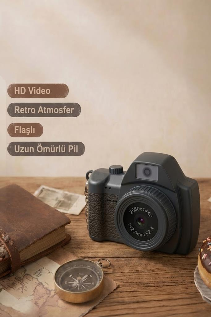 Ahşap masa üzerinde kitap, pusula ve Türkçe metin etiketleri bulunan gri retro kamera.