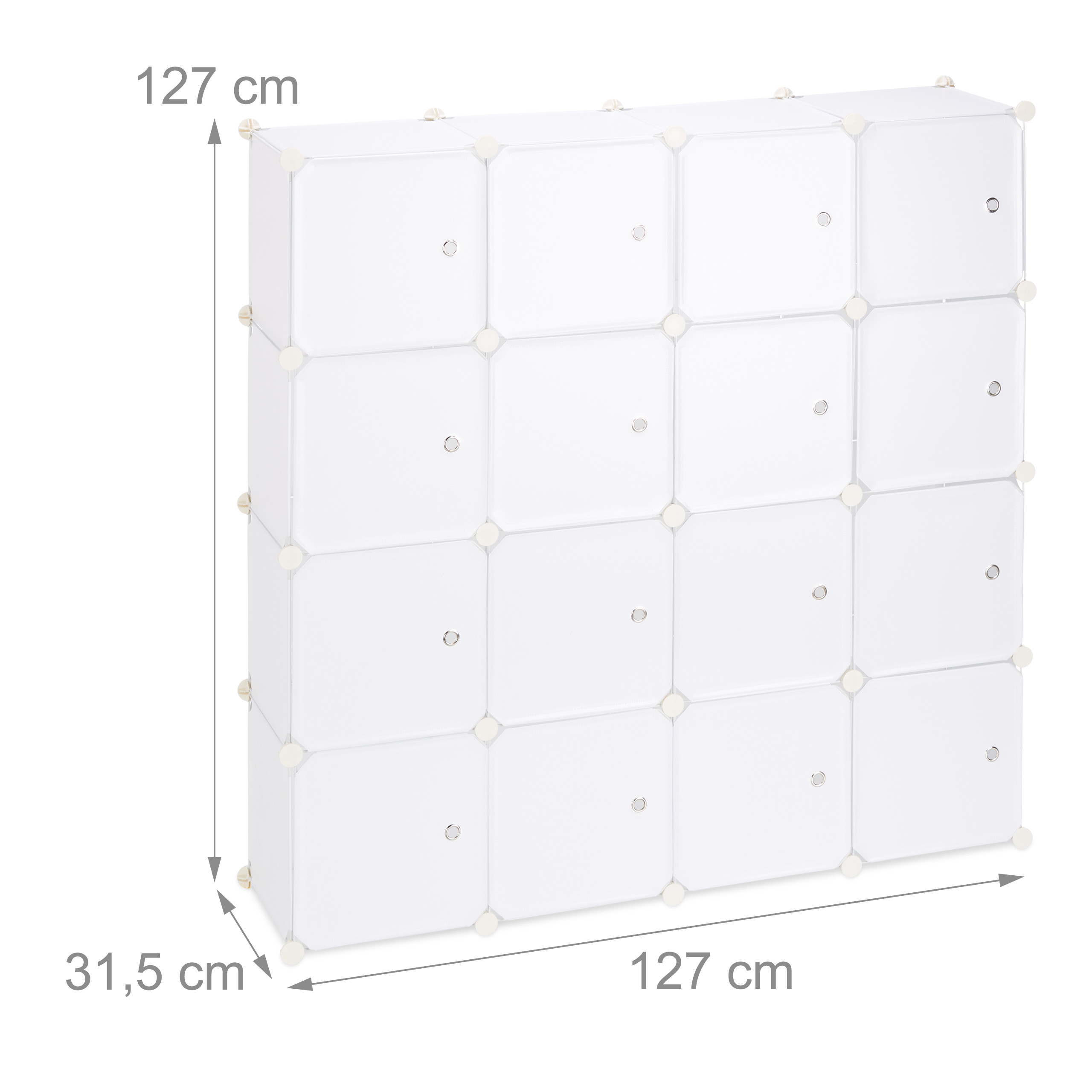 Weißes modulares Steckregal mit 16 Fächern und Maßen von 127x127x31,5 cm auf weißem Hintergrund.