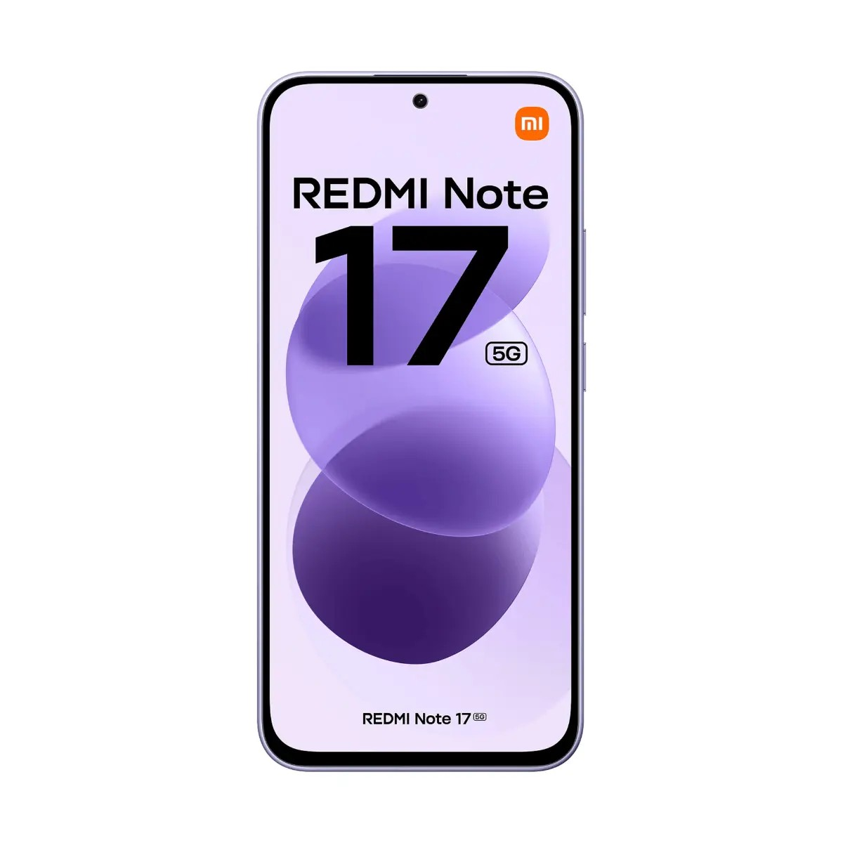 Vista frontale dello smartphone Redmi Note 17 5G viola chiaro con schermo viola.