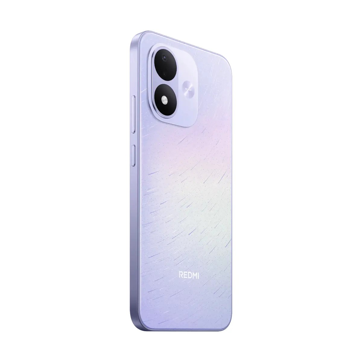 Vista posteriore di uno smartphone Redmi viola chiaro con due lenti della fotocamera verticali e un motivo fine su sfondo bianco.