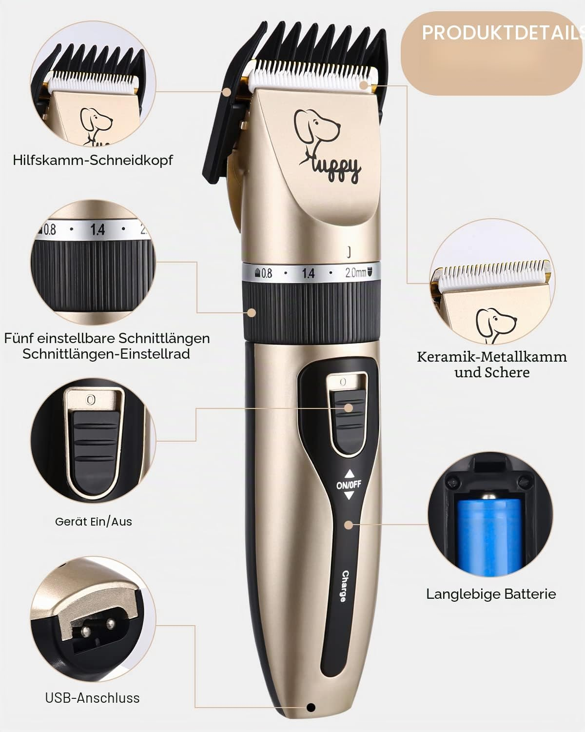 Goldfarbene Haarschneidemaschine mit Einstellrad, Ein-Aus-Schalter und fünf Detailbildern.
